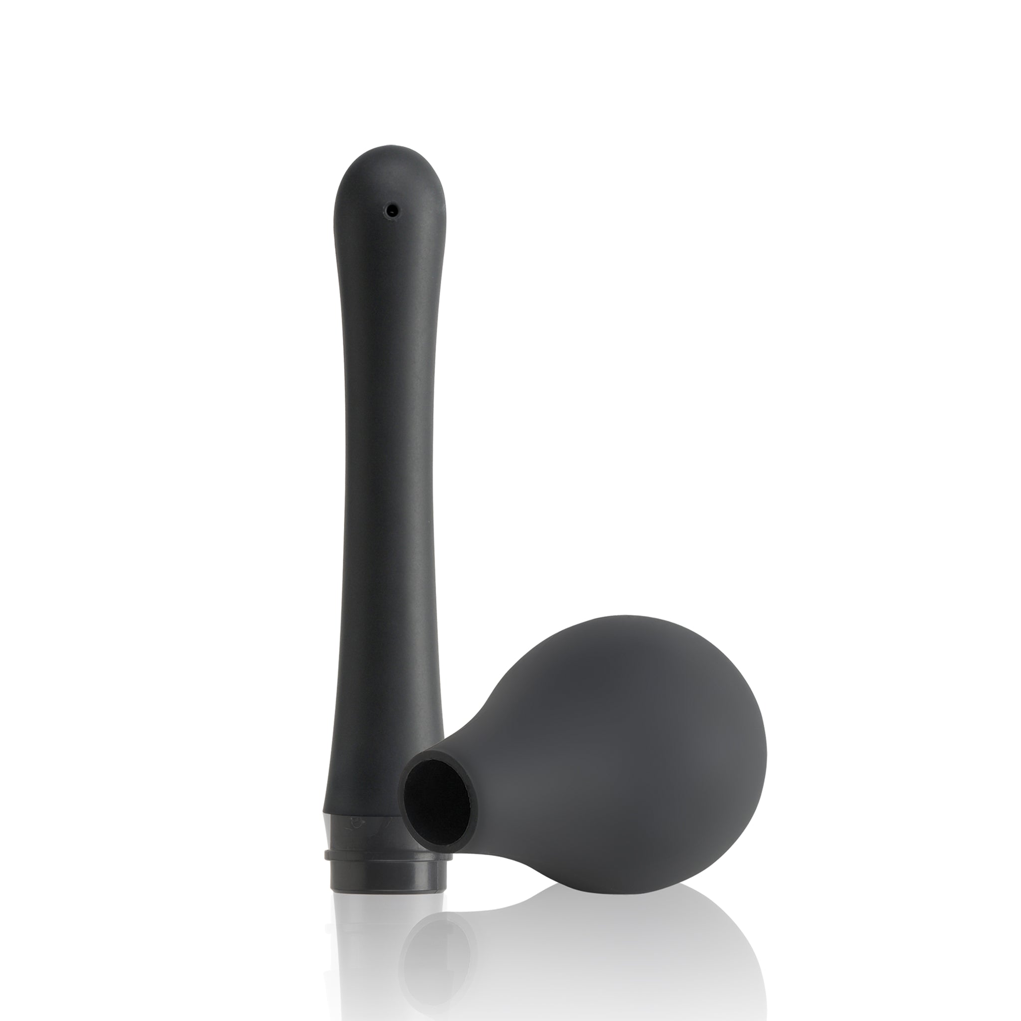 Black silicone douche with detached head on a white background