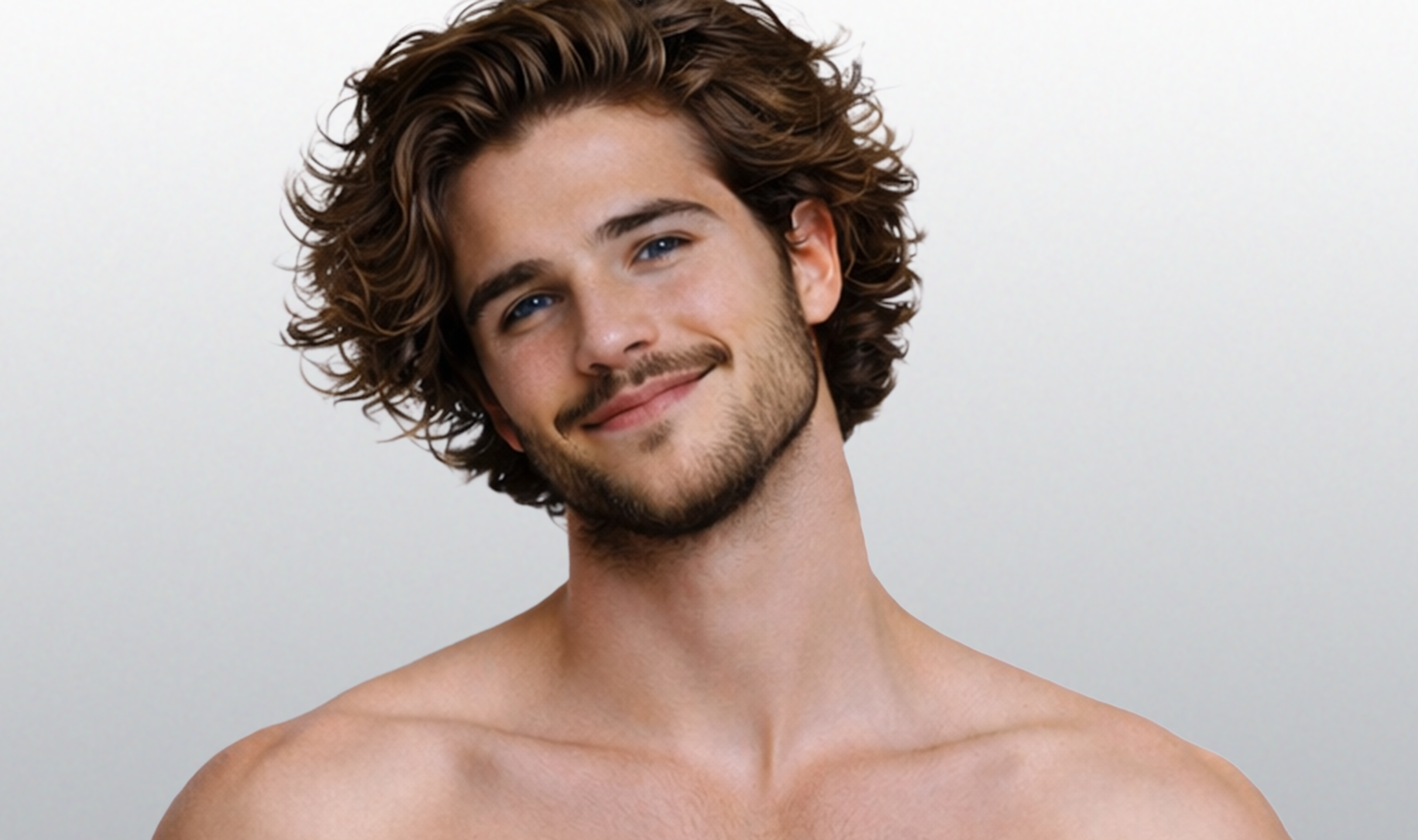 Man with wavy hair and a beard against a plain background