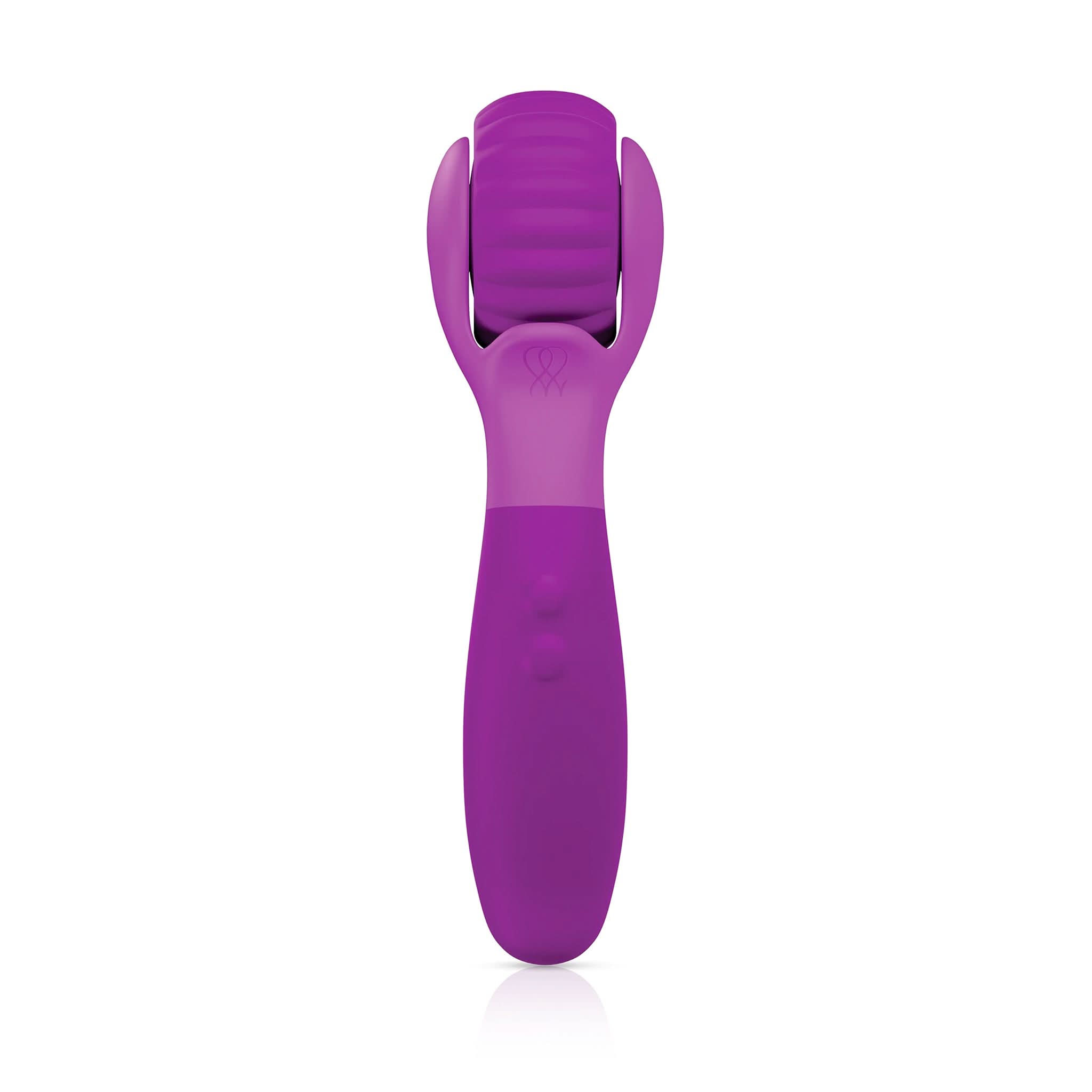 The JIMMYJANE® Evoke® Du-o is a purple silicone handheld face massager with a ribbed vibrating massage wheel and ergonomic handle, designed for gentle internal stimulation, shown on a white background.