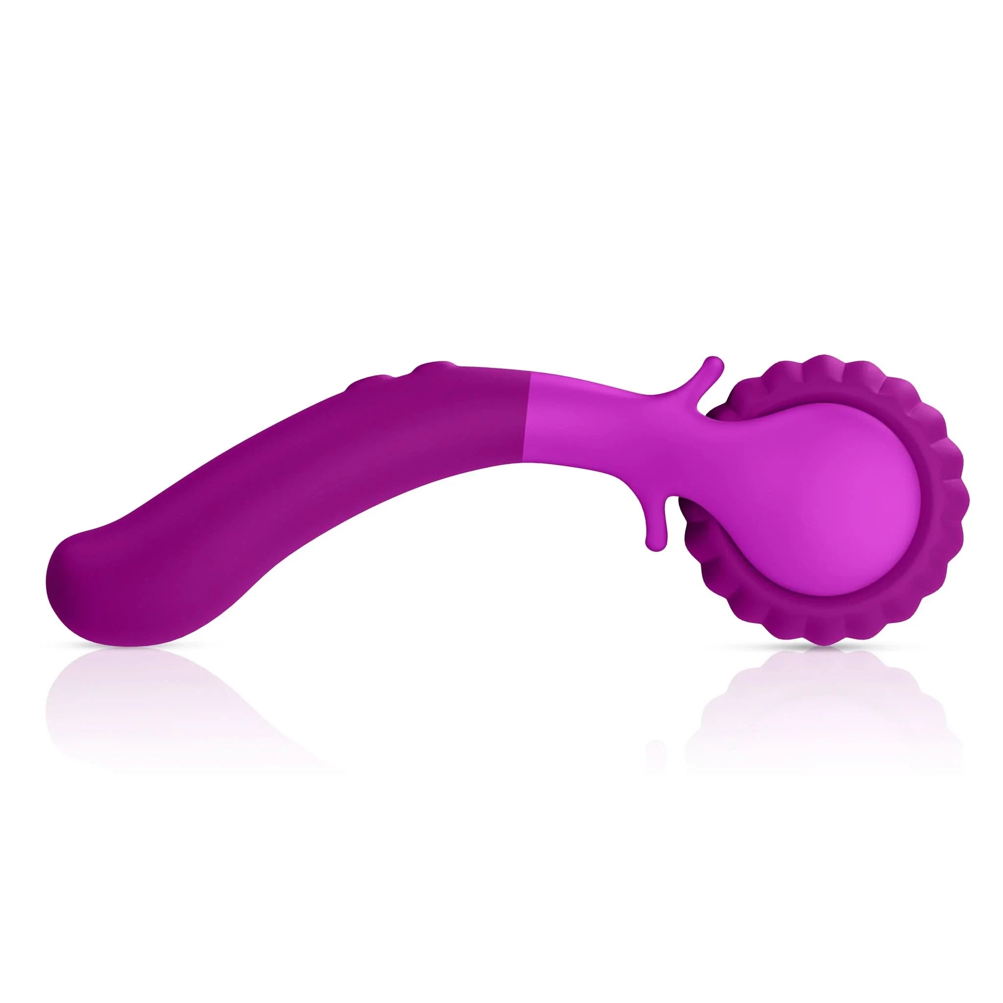The JIMMYJANE® Evoke® Du-o is a purple silicone vibrating massage wheel pastry cutter with a fluted edge and dual motors, shown on a white background.