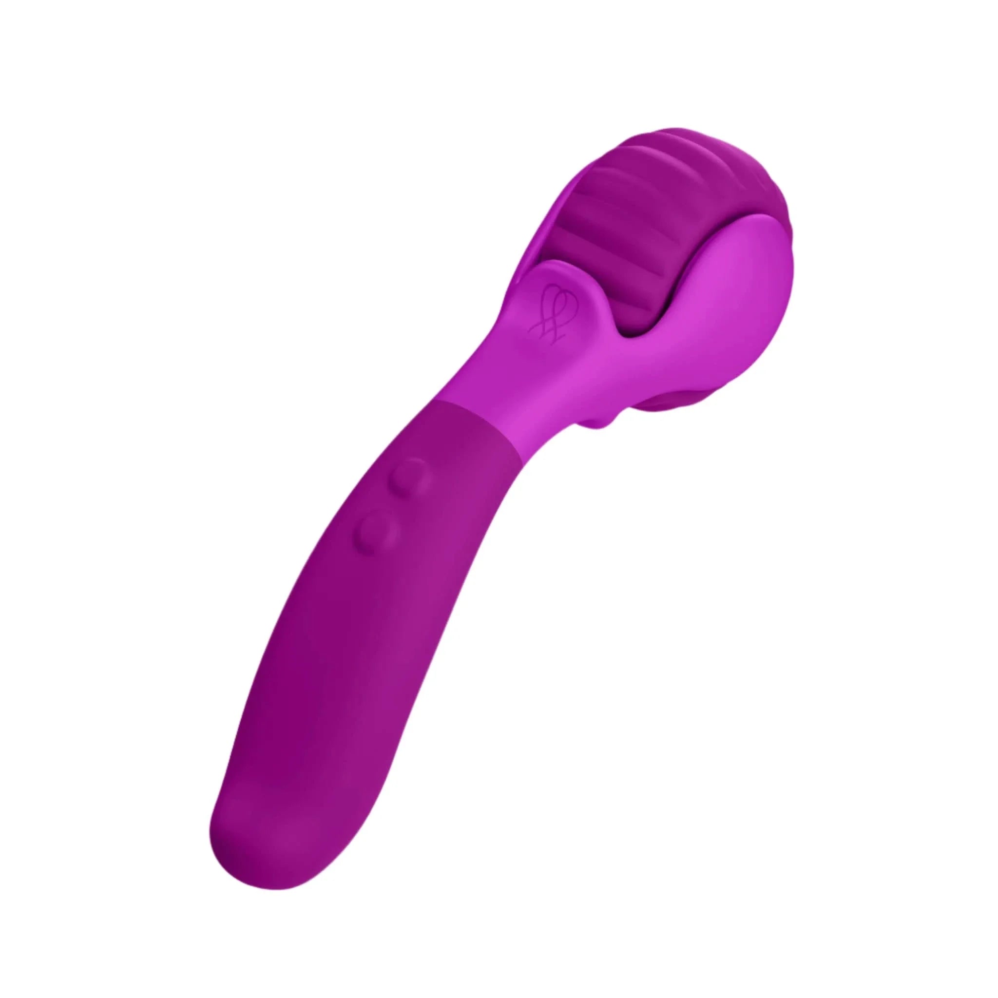 The JIMMYJANE® Evoke® Du-o is a purple handheld vibrating massage wheel with a textured roller and ergonomic handle, displayed on a white background.