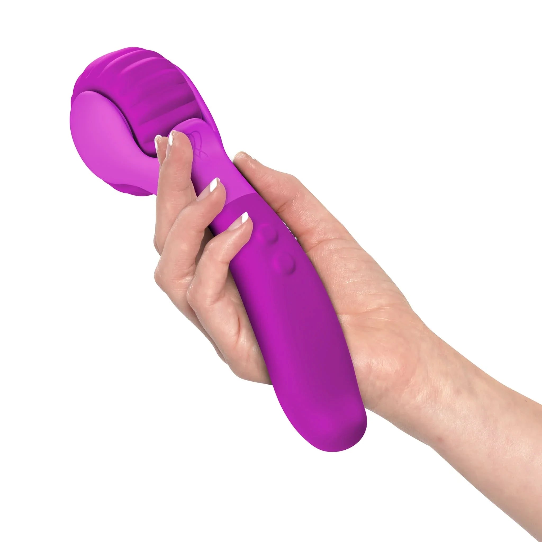 A hand holds the JIMMYJANE® Evoke® Du-o, a purple silicone personal massager with dual motors, against a white background.