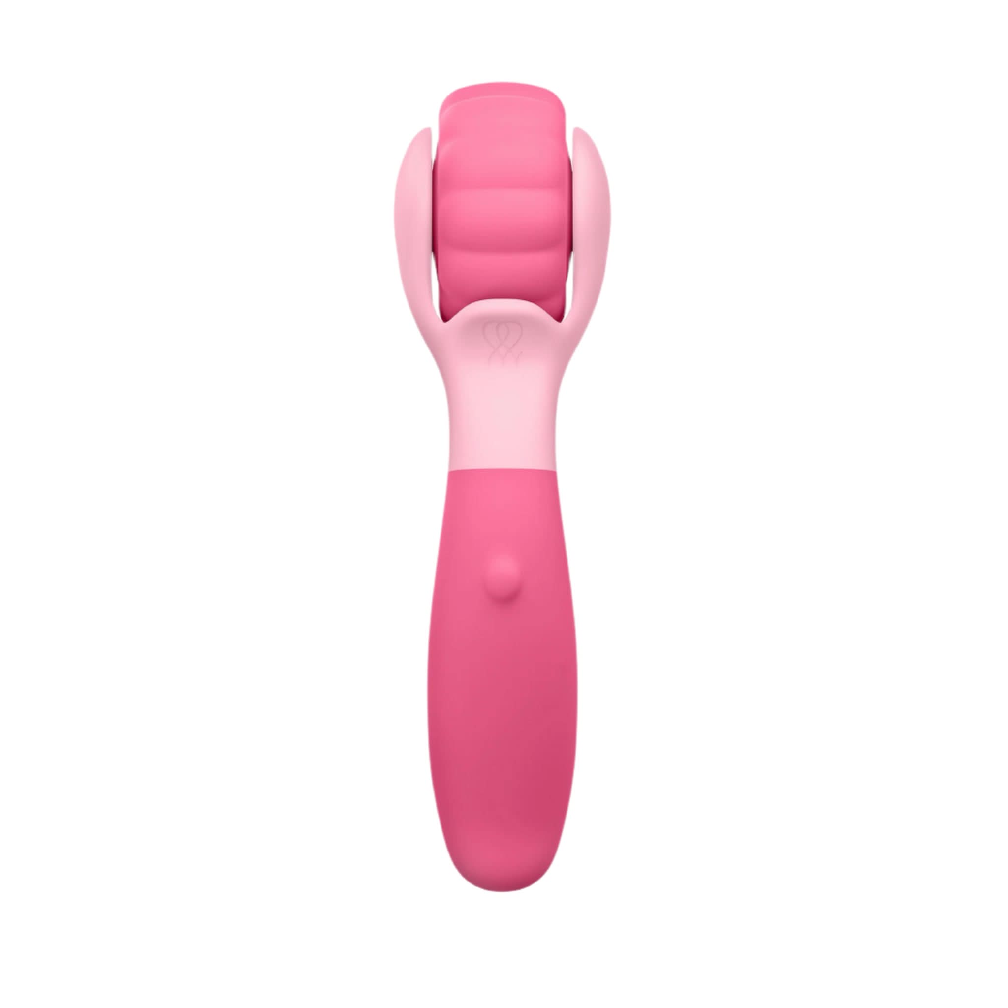 The JIMMYJANE® Evoke® Sol-o is a pink handheld facial roller massager with a textured wheel head for deep vibration, ideal for facial or full body massage, shown isolated on a white background.