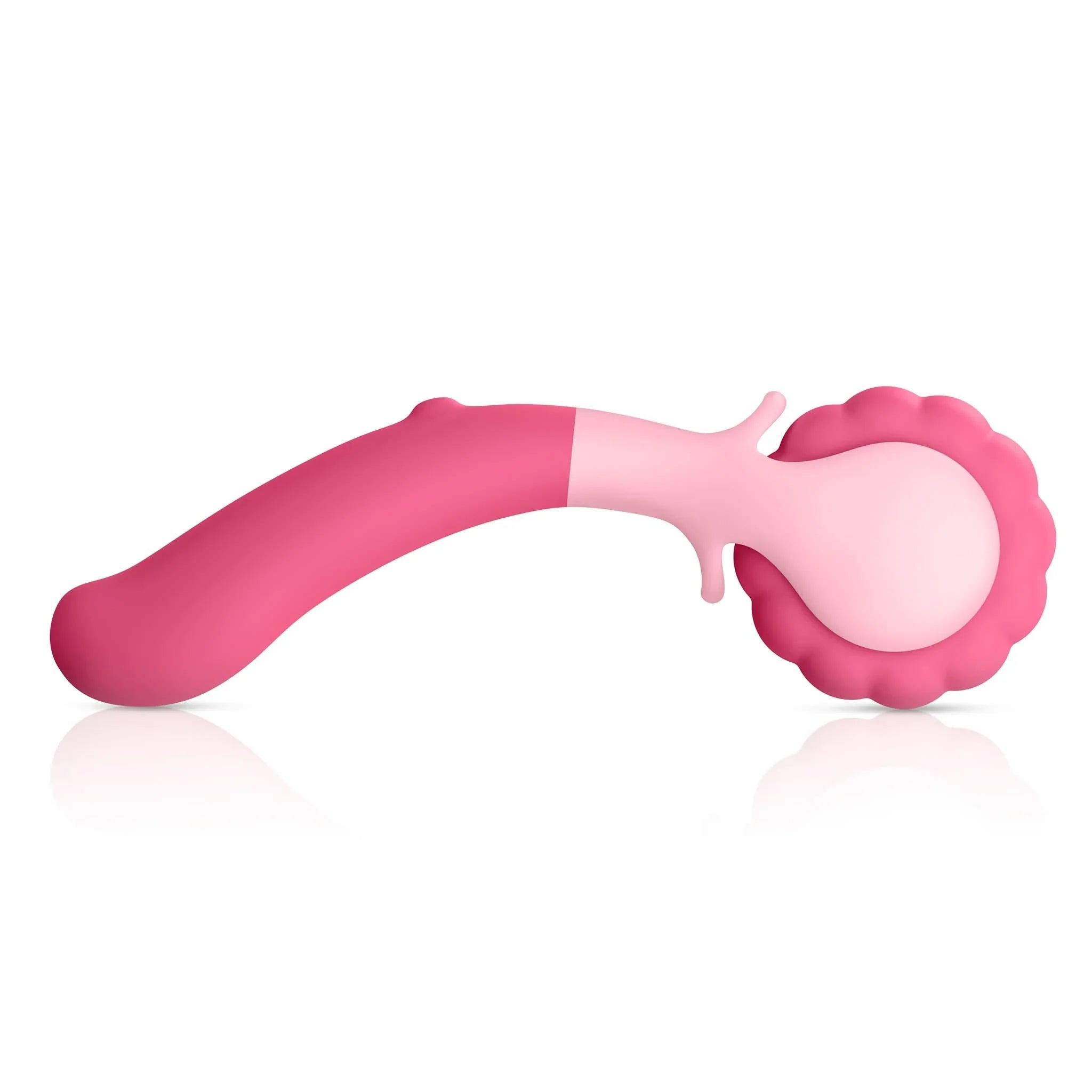 The JIMMYJANE® Evoke® Sol-o is a pink and light pink silicone personal massager with a curved handle and flower-textured tip, designed for deep vibrations and full body massage.