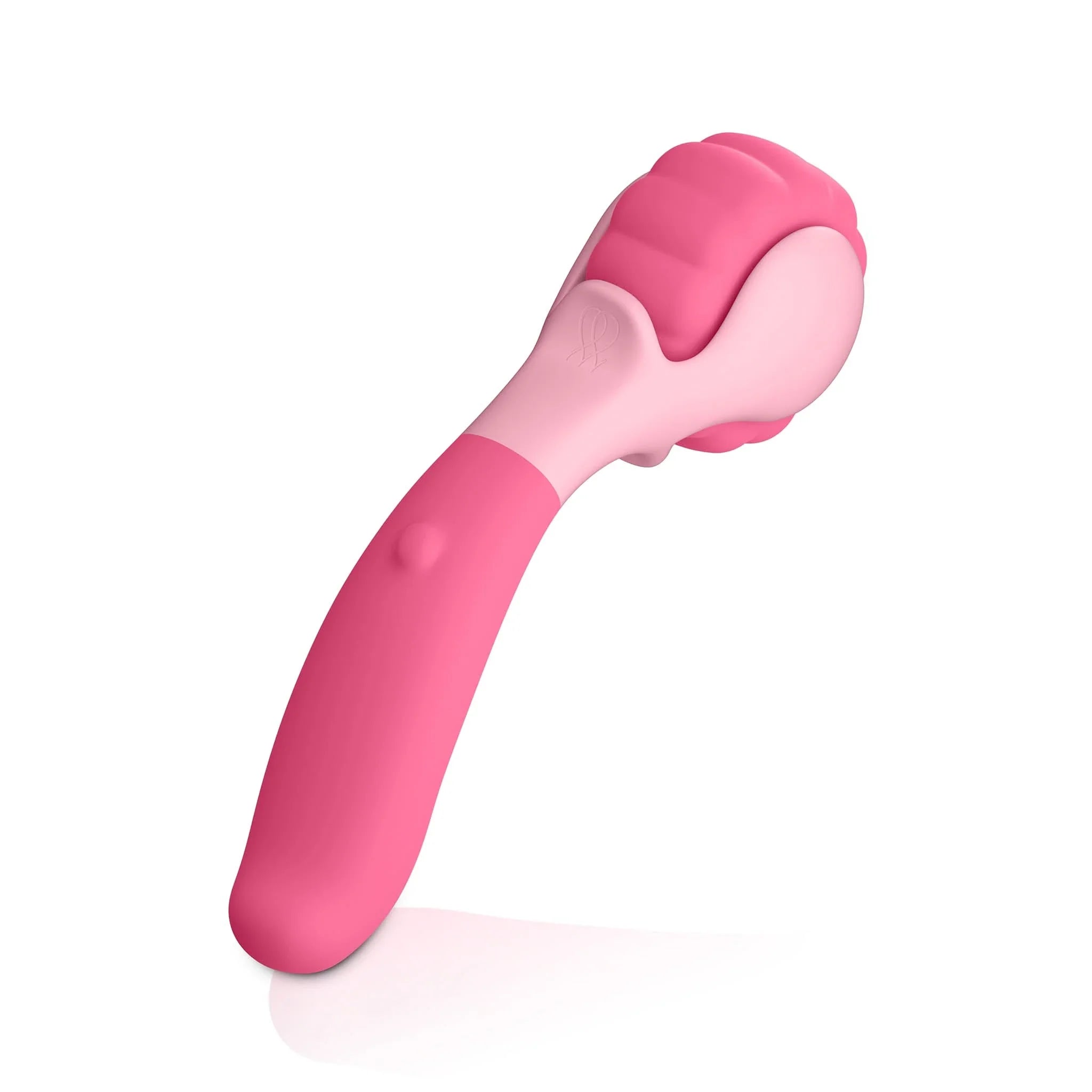 The JIMMYJANE® Evoke® Sol-o is a pink and light pink handheld massage roller with a textured wheel and ergonomic handle, designed for deep vibration and full body massage, shown on a white background.