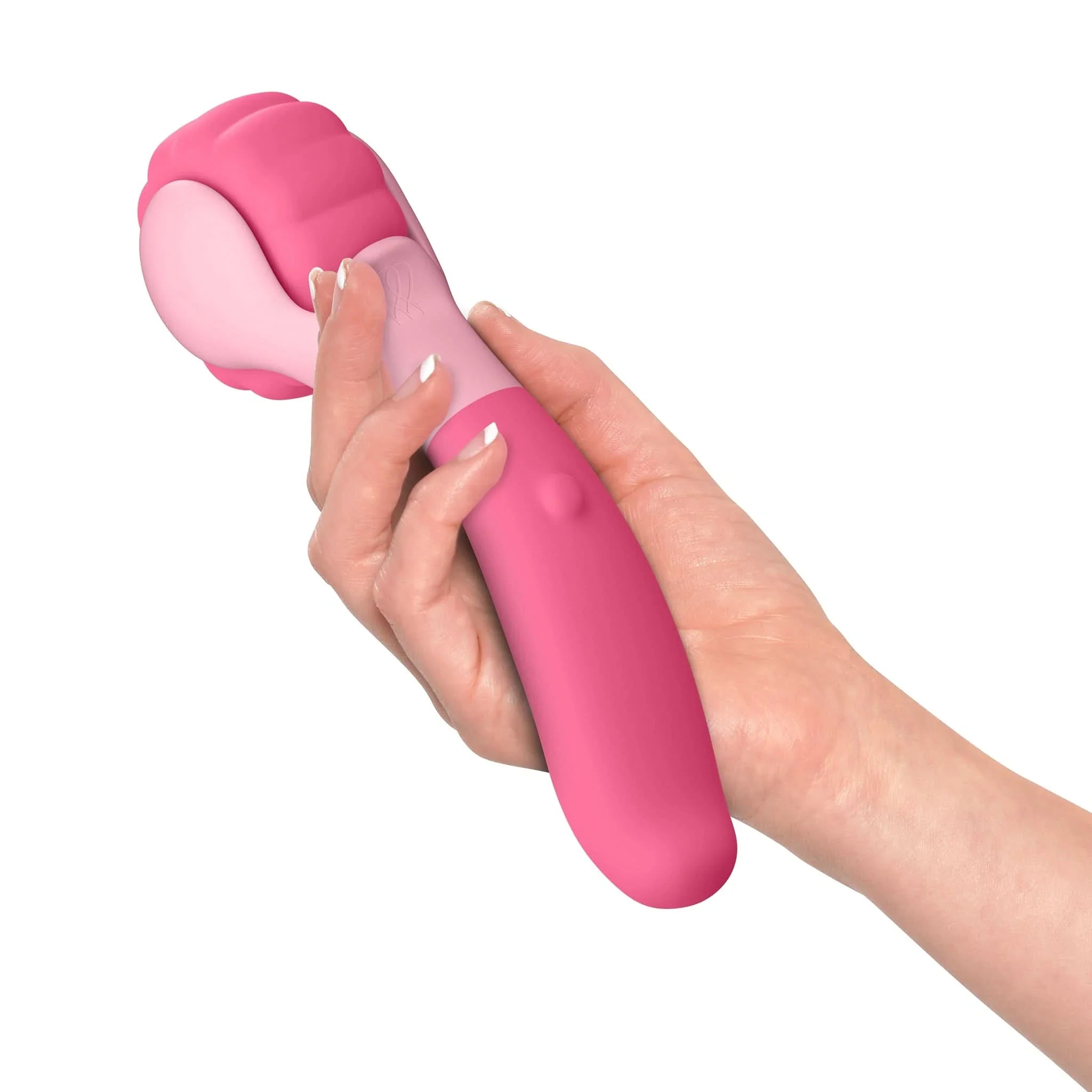 A hand holds the JIMMYJANE® Evoke® Sol-o, a pink silicone personal massager with a rounded, textured end for deep vibration, against a white background.