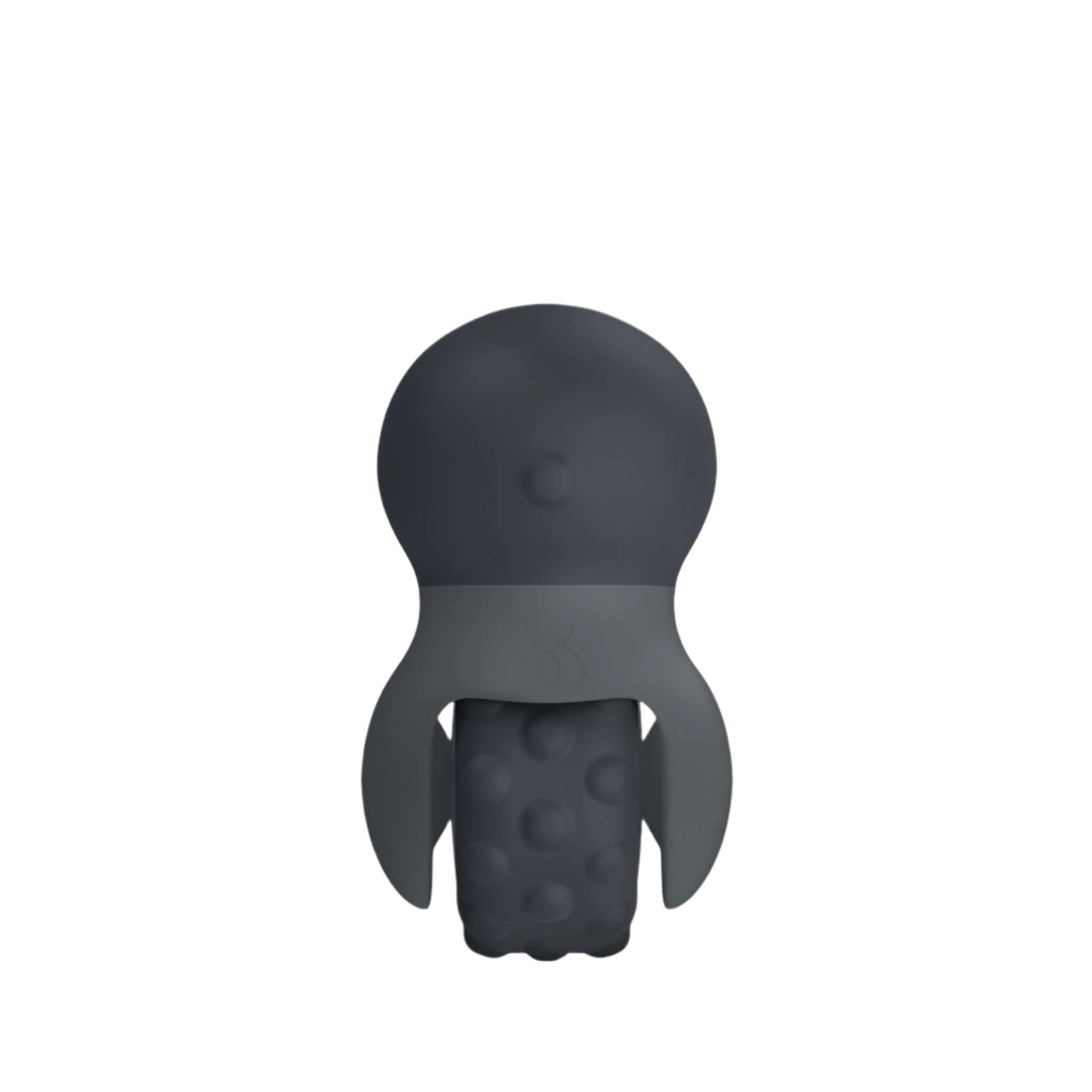 The JIMMYJANE® Evoke® Rol-o is a small, gray, octopus-shaped silicone massager featuring a textured roller on the bottom and an EZ Grip Handle for comfortable use.
