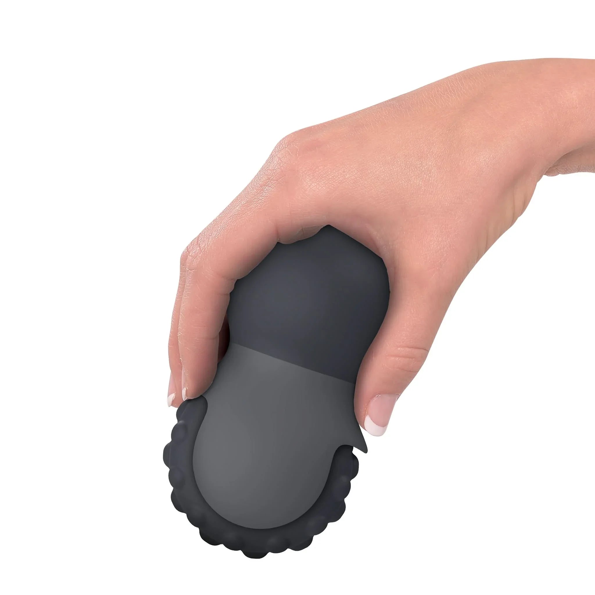 A hand holds the JIMMYJANE® Evoke® Rol-o, a small black textured silicone device with an EZ Grip Handle, against a white background.