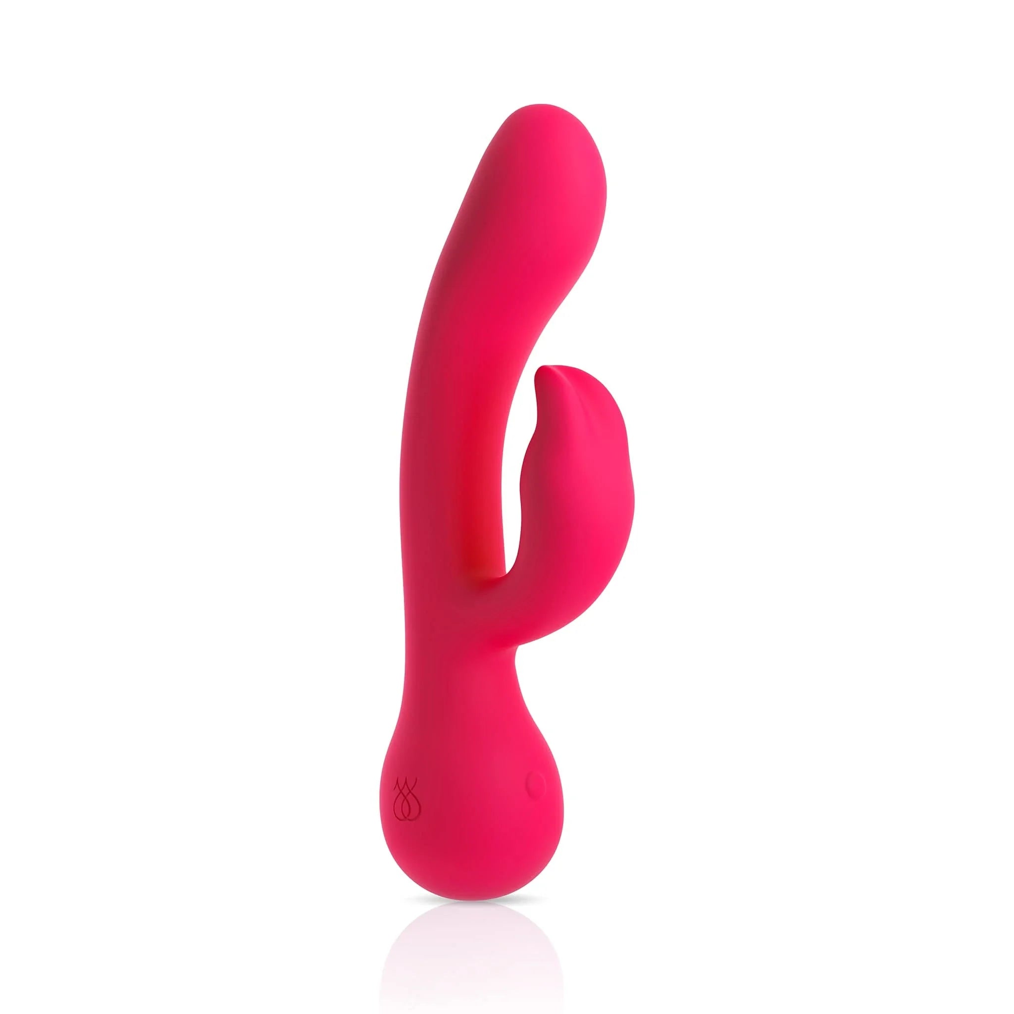 The JIMMYJANE® Ruby Rabbit is a pink silicone vibrator with a curved shaft for G-Spot stimulation and a smaller external stimulator for clitoral pleasure, shown on a white background.