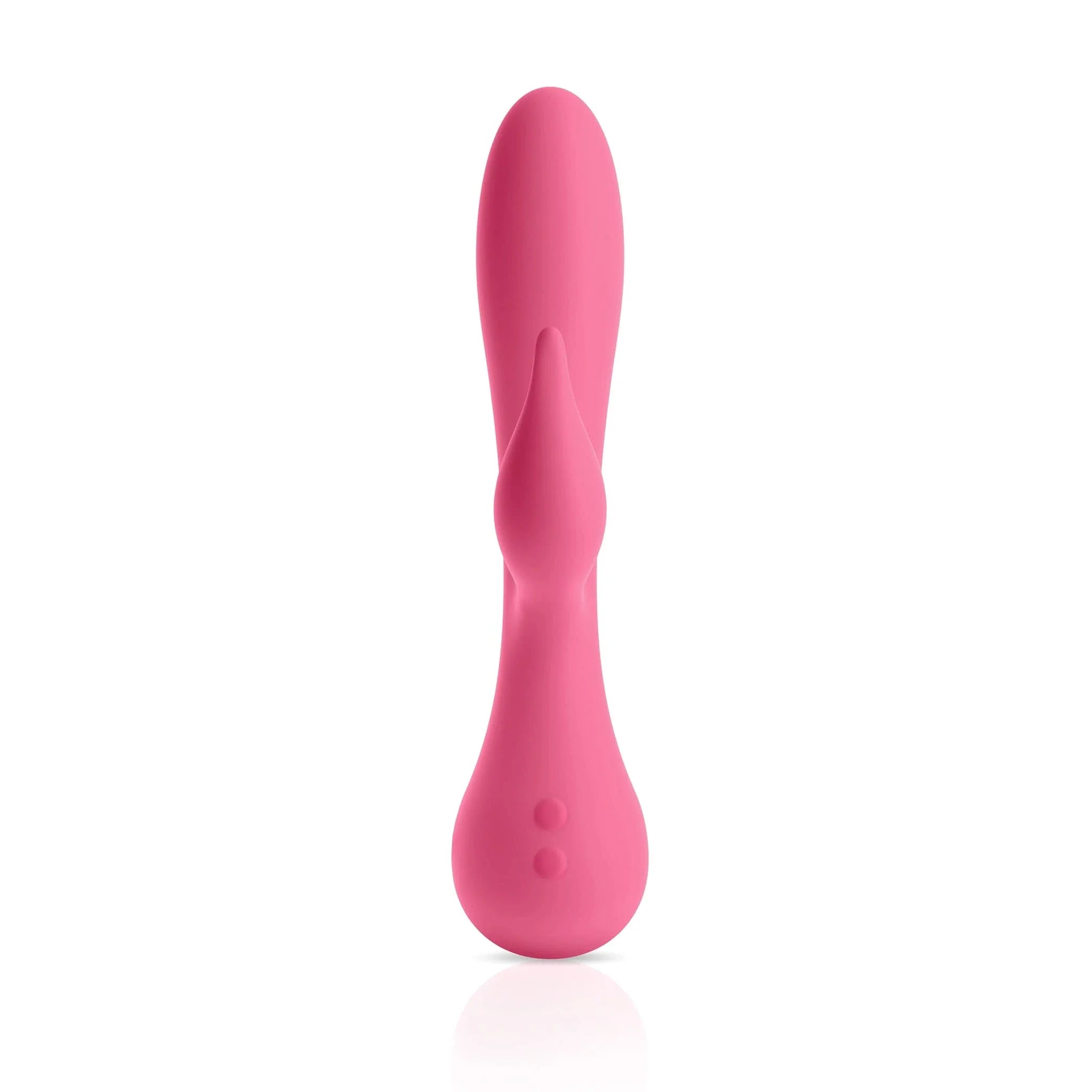 The JIMMYJANE® Glo Rabbit is a pink silicone vibrator with a smooth, curved design for g-spot stimulation and two raised buttons at the base.