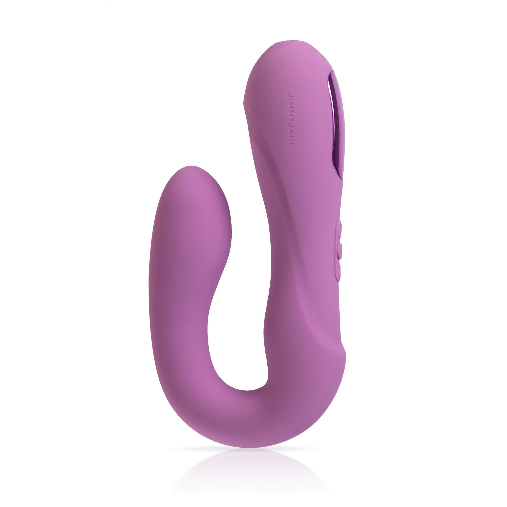 The JIMMYJANE® Reflexx™ 1 is a purple silicone vibrator with a curved shape, smooth texture, dual motors for enhanced sensation, and convenient side control buttons.
