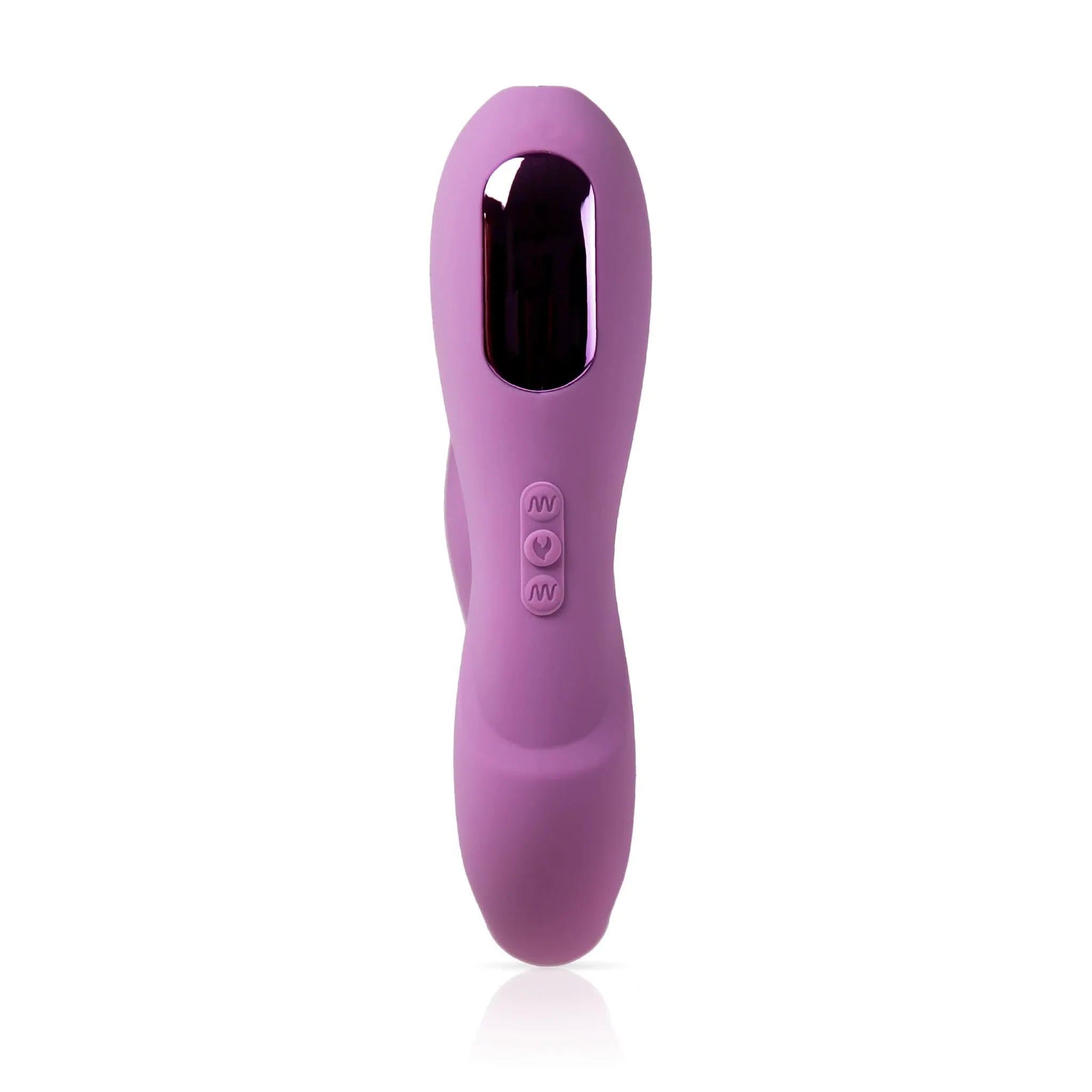 Reflexx™ 1 by JIMMYJANE®: Pink silicone massager with dual motors, buttons, and display screen, shown standing upright on a white background.