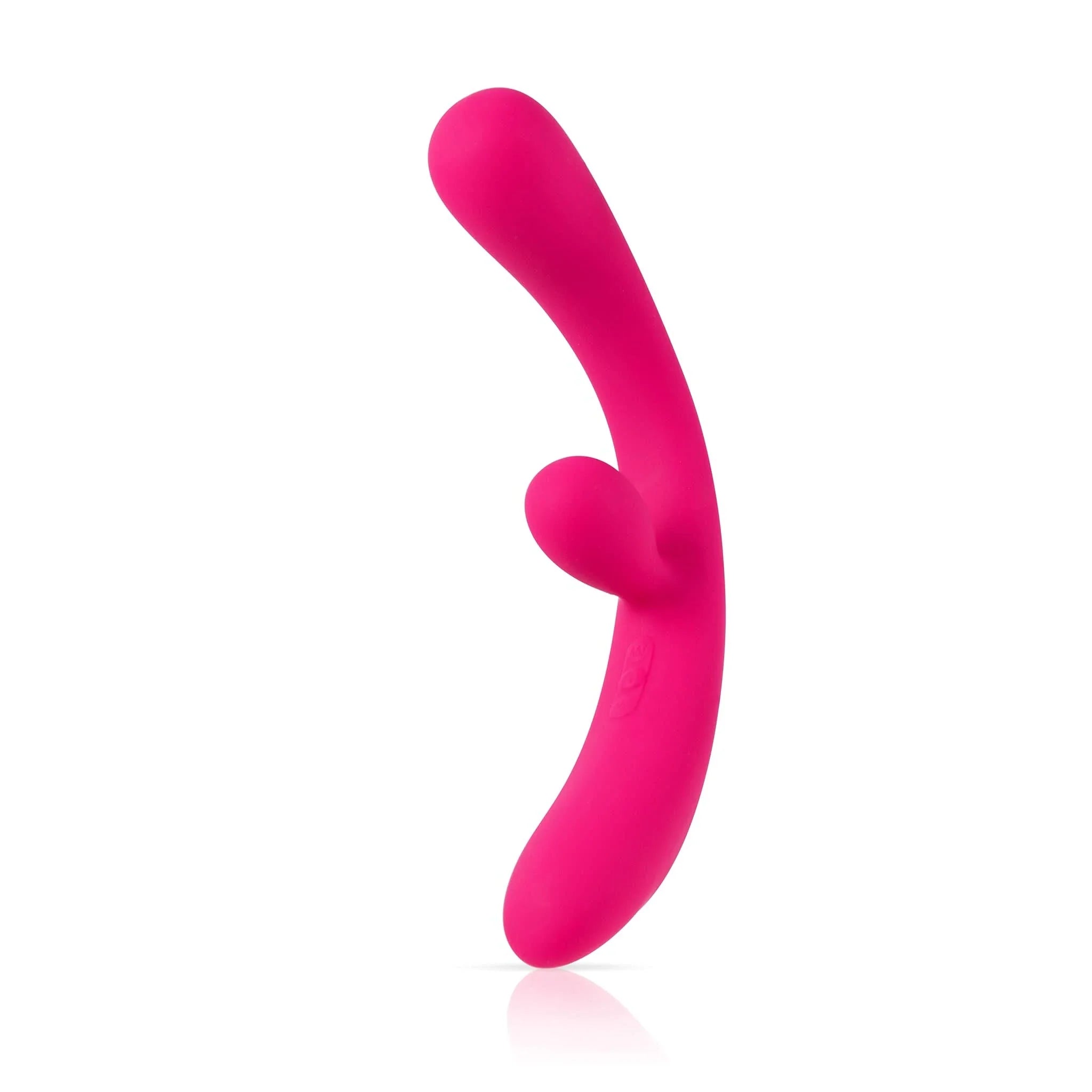 The Reflexx™ 3 by JIMMYJANE® is a bright pink, curved silicone vibrator with dual motors and a small extension for g-spot stimulation, shown upright on a white background.