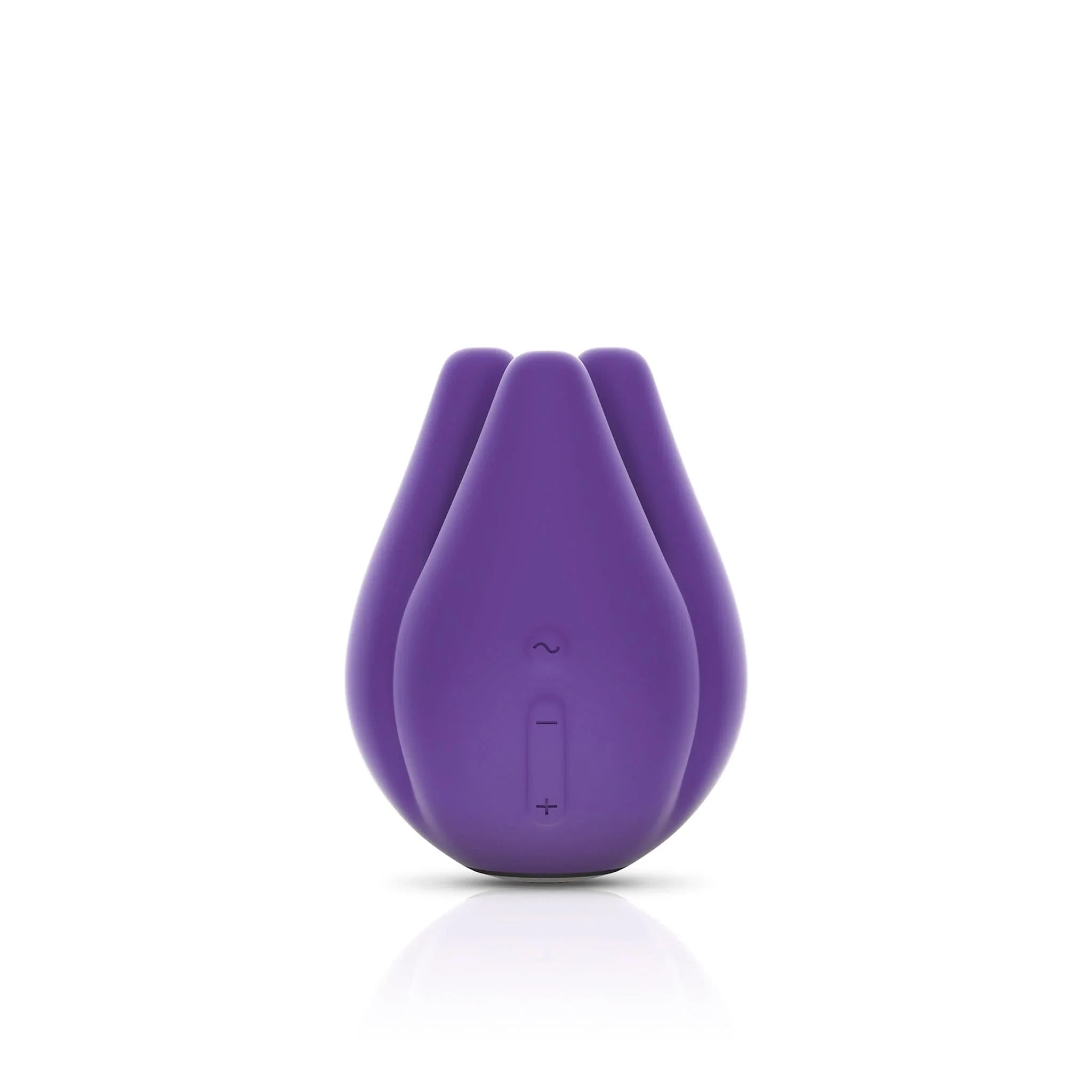 The JIMMYJANE® Pure UV Adult Toys Sanitizer and Love Pods™ Tre Clitoral Vibrator Bundle features a purple, tulip-shaped silicone vibrator with control buttons, shown upright on white—includes UV sanitizing for enhanced cleanliness.