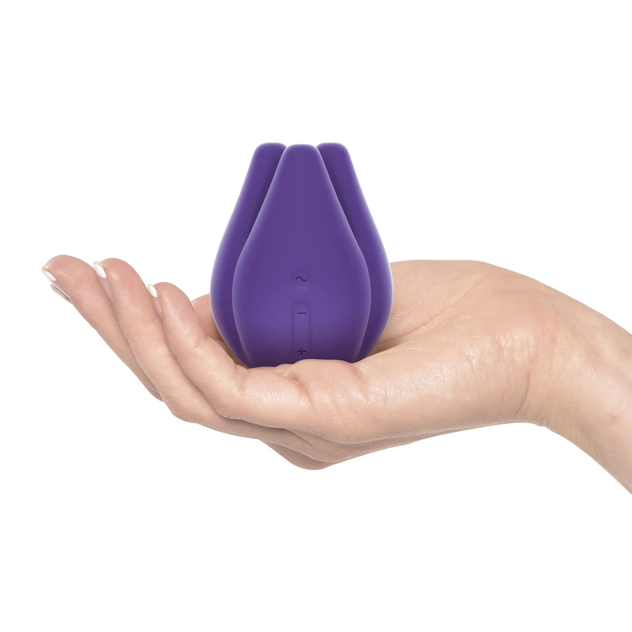 A hand holds the JIMMYJANE® Pure UV Adult Toys Sanitizer and Love Pods™ Tre Clitoral Vibrator Bundle, featuring a small, purple, rose-shaped toy against a white background.