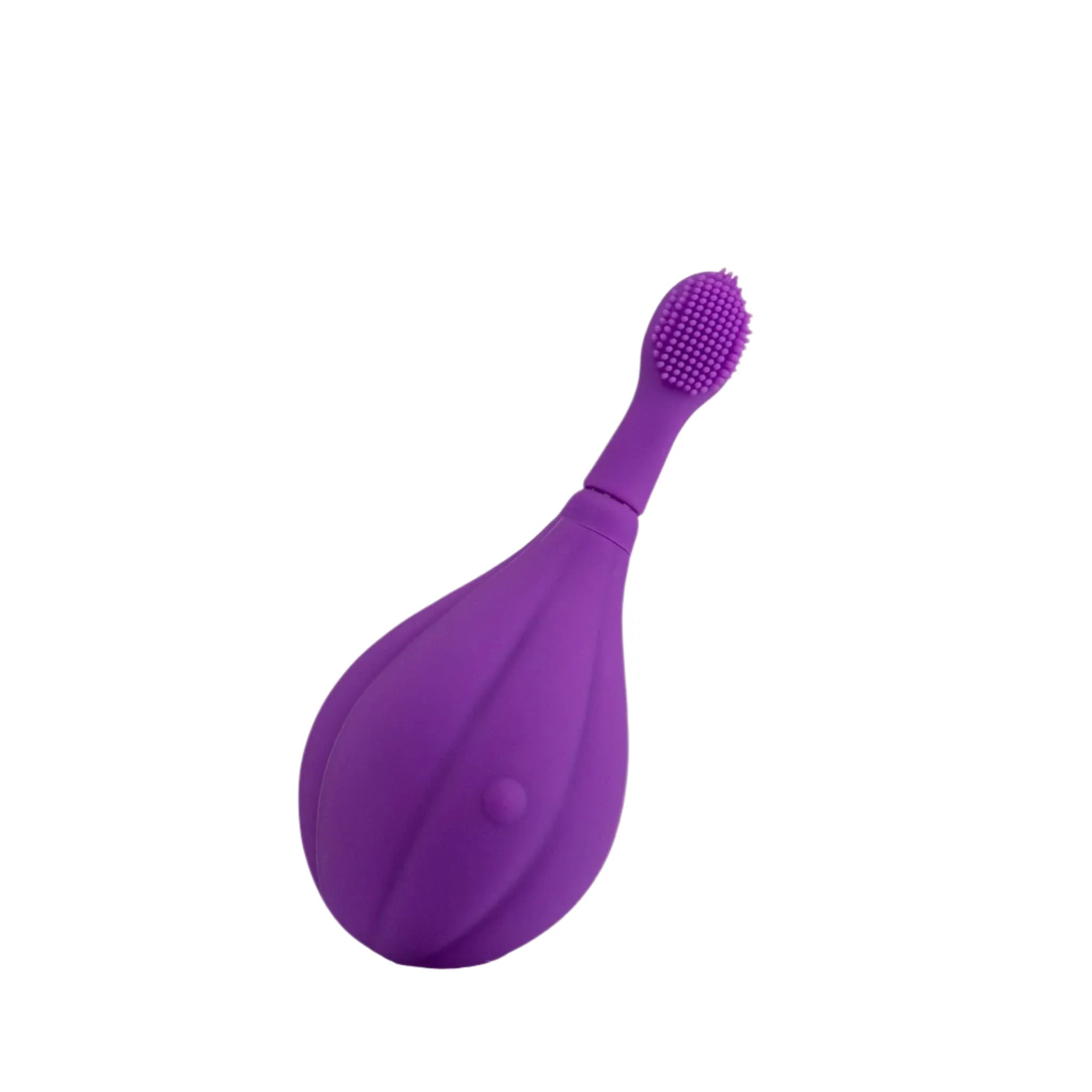 The Focus™ by JIMMYJANE® is a purple silicone facial cleansing brush featuring a bulb-shaped handle and interchangeable silicone heads, ideal for gentle cleansing or clitoral stimulation. Displayed on a white background, inspired by the Focus® Sonic Vibrator.