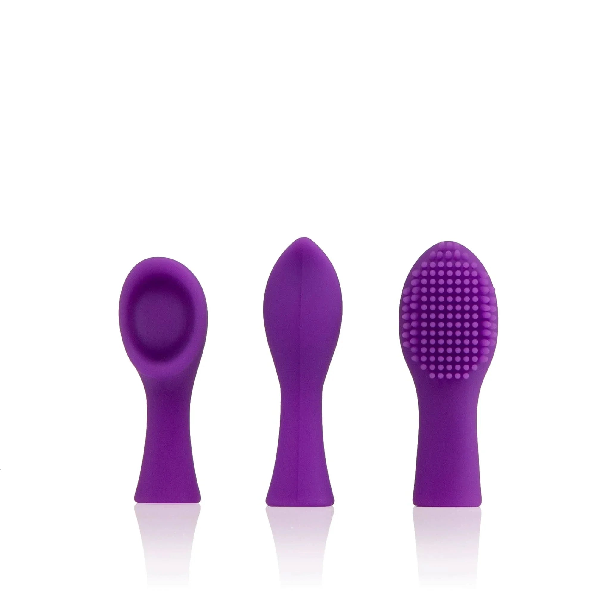 Three purple interchangeable silicone head attachments for the JIMMYJANE® Focus™ are displayed from various angles on a white background.