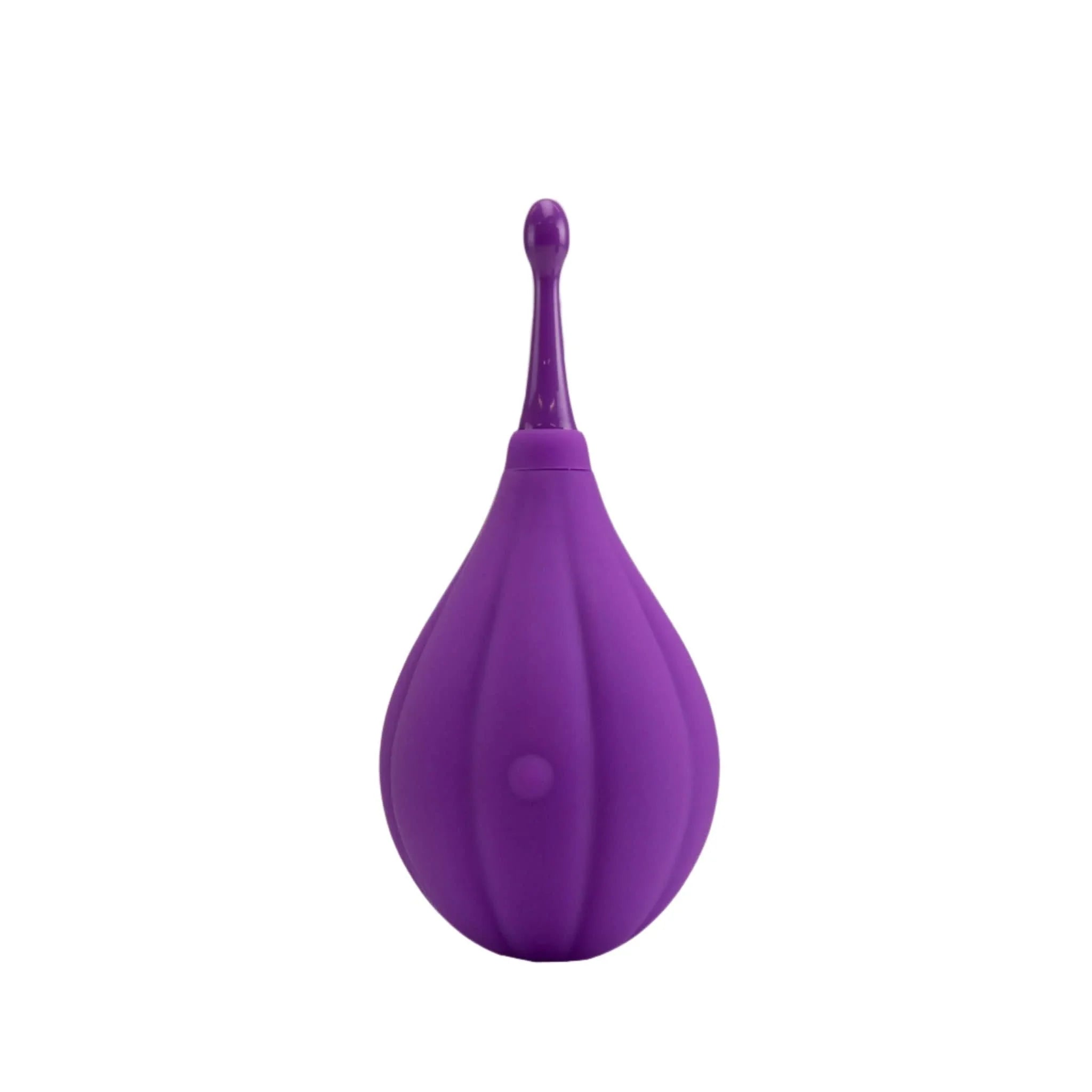 Purple rubber bulb syringe with a long, narrow nozzle, similar to the design and interchangeable silicone heads of the JIMMYJANE® Focus™ vibrator, isolated on a white background.