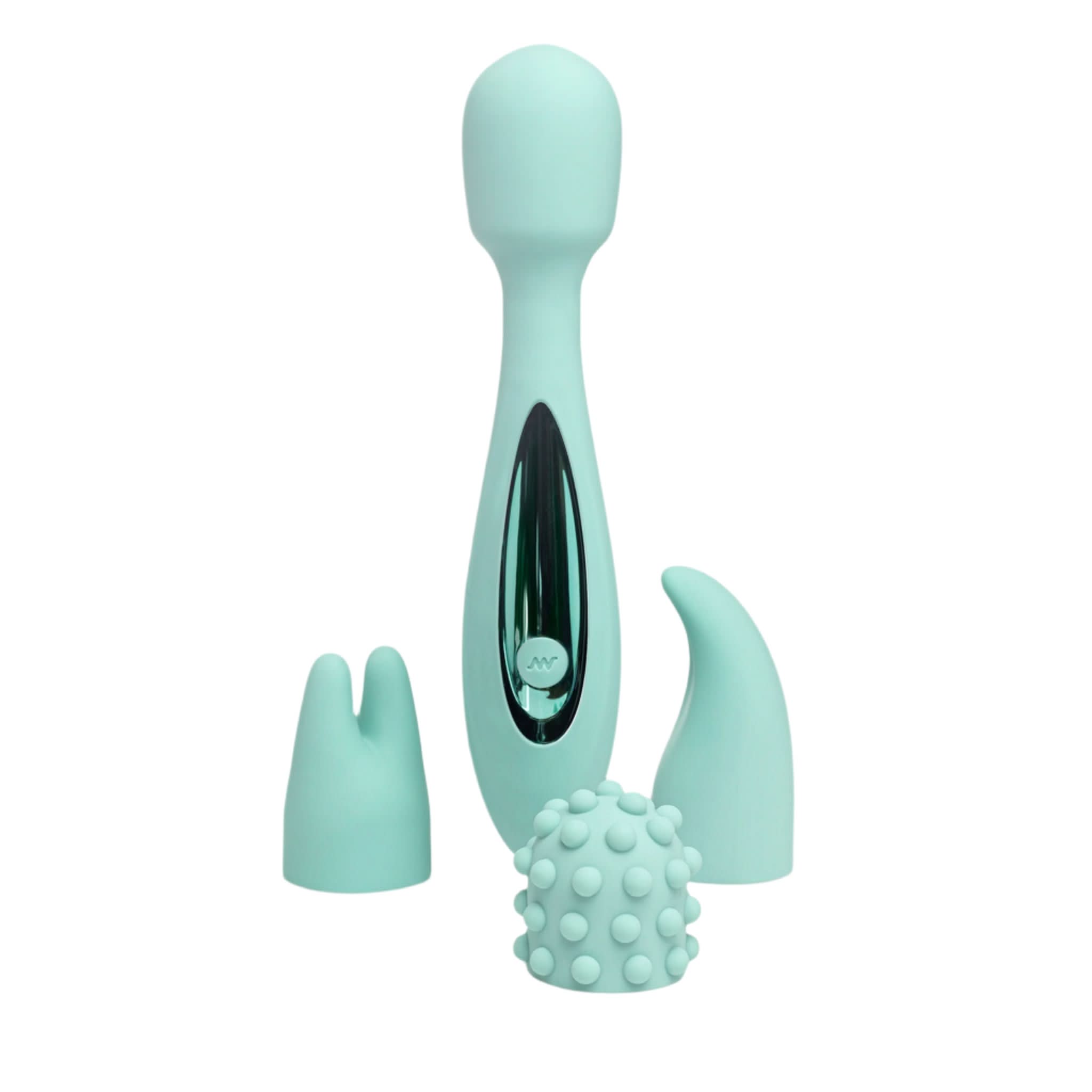 The JIMMYJANE® Canna™ Electric Massager is a light teal wand vibrator with a powerful motor, pictured with three interchangeable textured attachments in front.