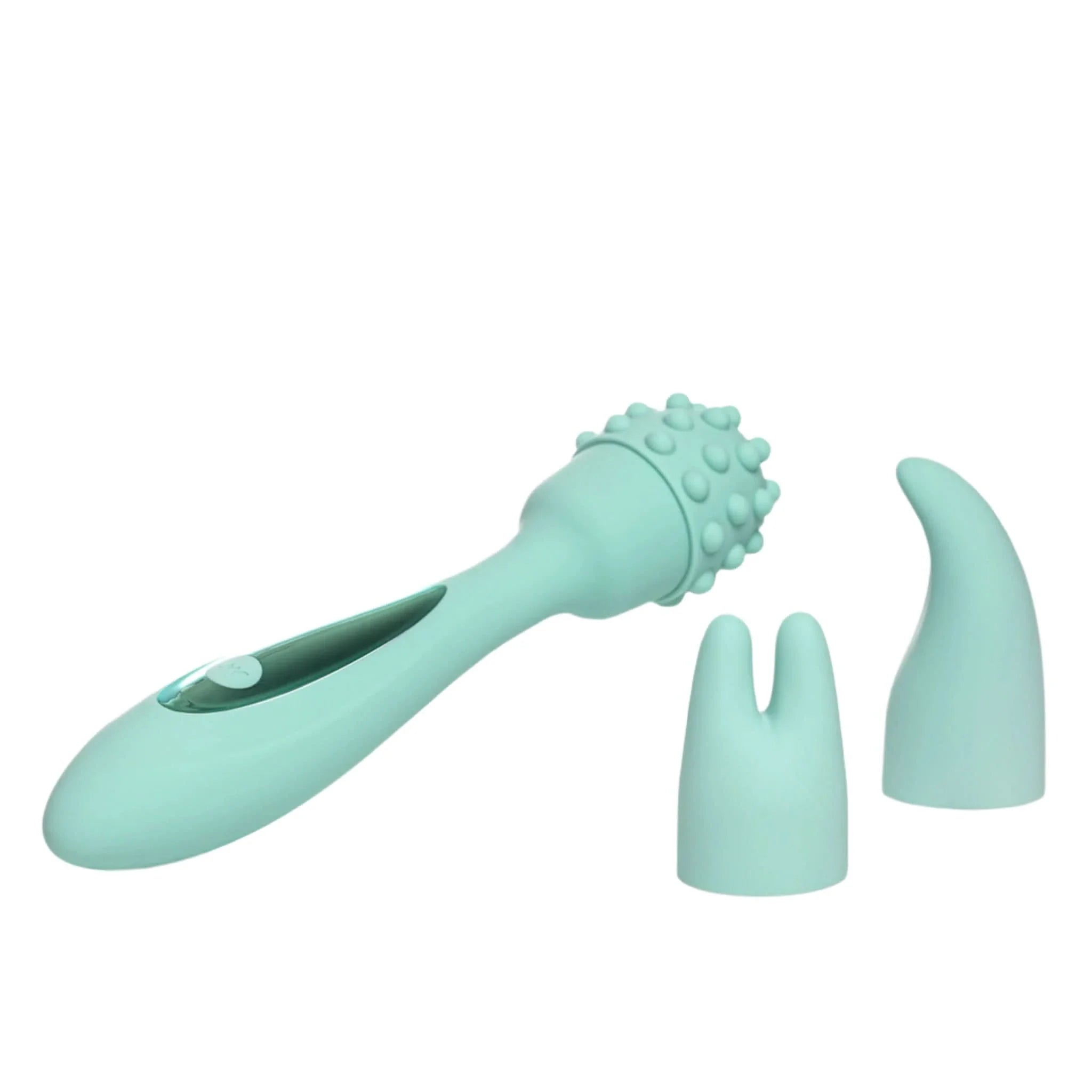 The JIMMYJANE® Canna™ Electric Massager is a teal wand vibrator with a powerful motor and two interchangeable silicone attachments, shown on a white background.