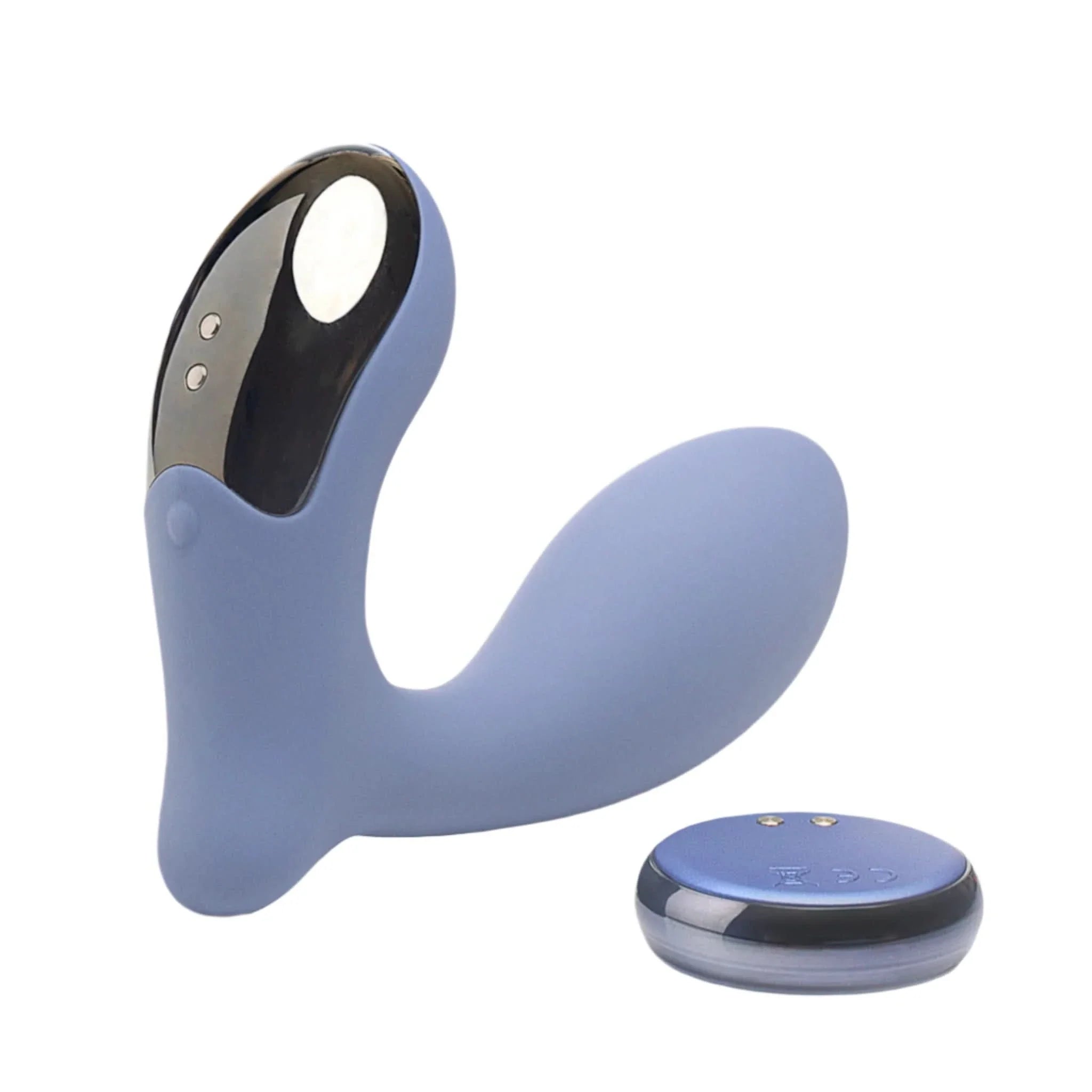 The JIMMYJANE® Neptune 2™ with Remote is a light blue silicone prostate massager with black accents, designed for wearable comfort and shown on a white background.