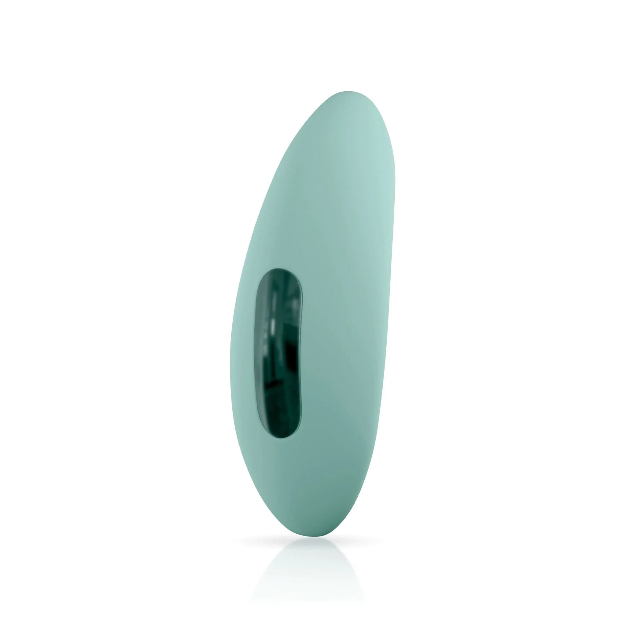 The ASCEND 3® by JIMMYJANE® is a light green, oval-shaped silicone stimulator with a black slot and flexible design for clitoral stimulation, shown standing upright on a white background.