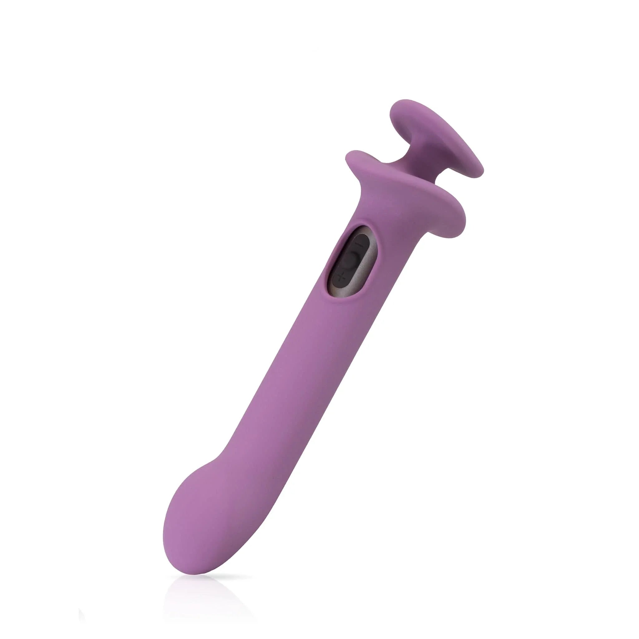 The JIMMYJANE® Chroma™ Sleeve 2 in purple, crafted from flexible silicone, features an ergonomic finger-holder and rounded end with a side button, displayed on a white background.