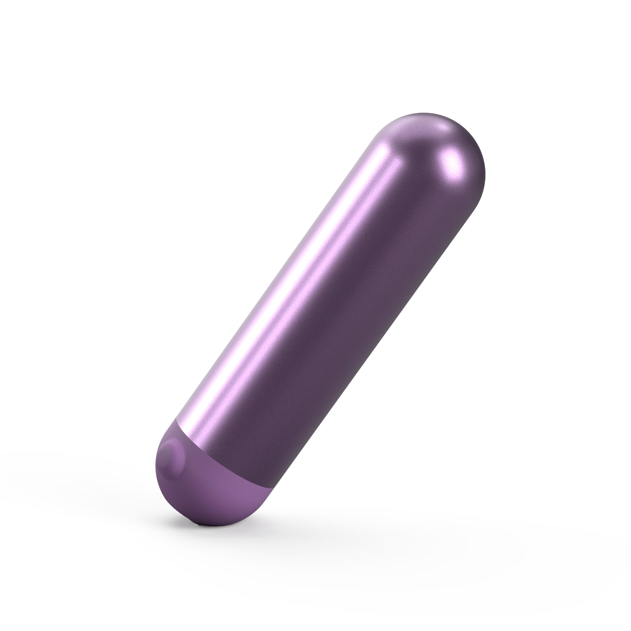 The JIMMYJANE® Chroma™ Mini with Remote, a metallic purple aluminum bullet with a rounded tip, stands upright on a white background.