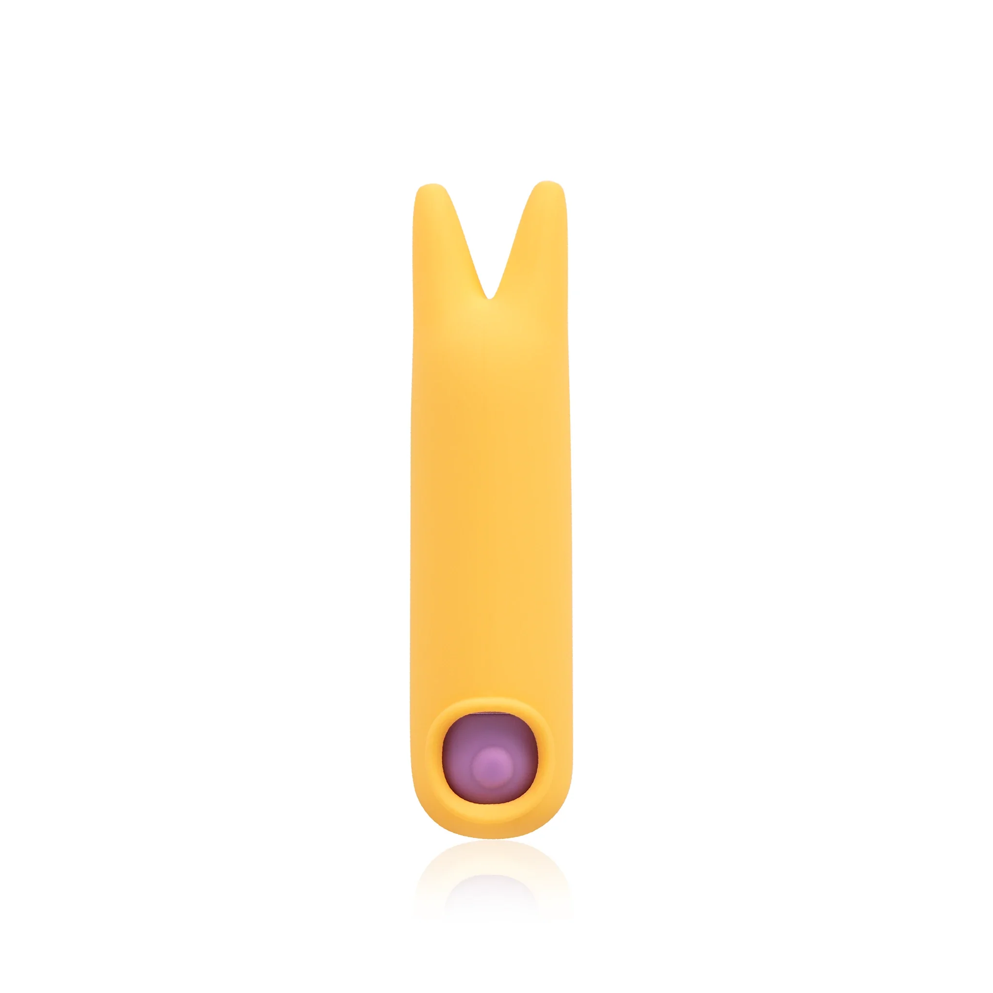 The JIMMYJANE® Chroma™ Mini Sleeve 3 is a yellow silicone sleeve with two top prongs and a purple button, made for the Mini Chroma™ bullet vibrator. Displayed against a white background.