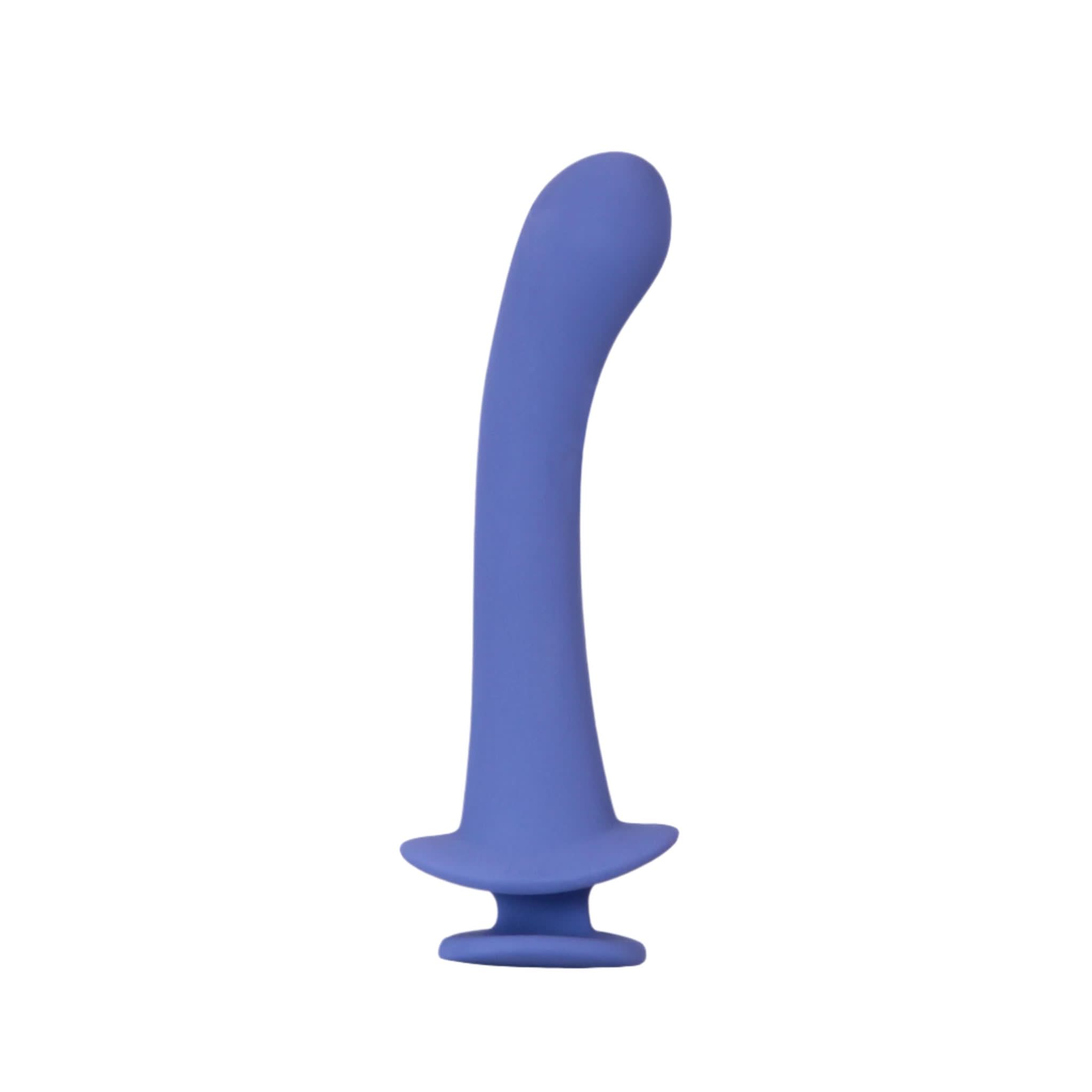 The JIMMYJANE® Cyra™ 6-inch blue silicone dildo features a pleasure curve, flared base, and is waterproof, shown here on a white background.