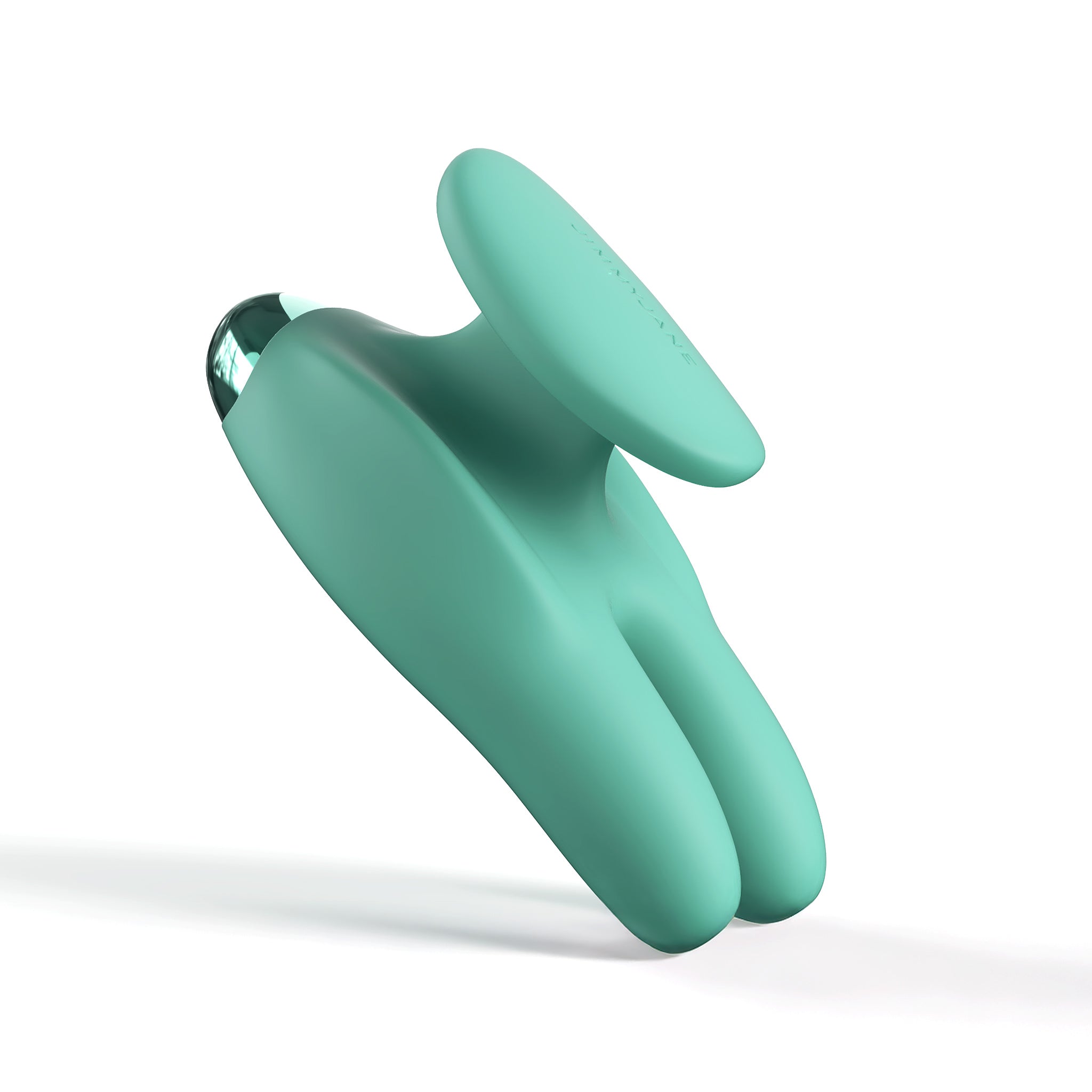 The JIMMYJANE® Form 2 Gripp™ is a teal, modern dual-pronged massager made from flexible silicone with a flat circular handle and multiple vibration modes, shown on a white background.