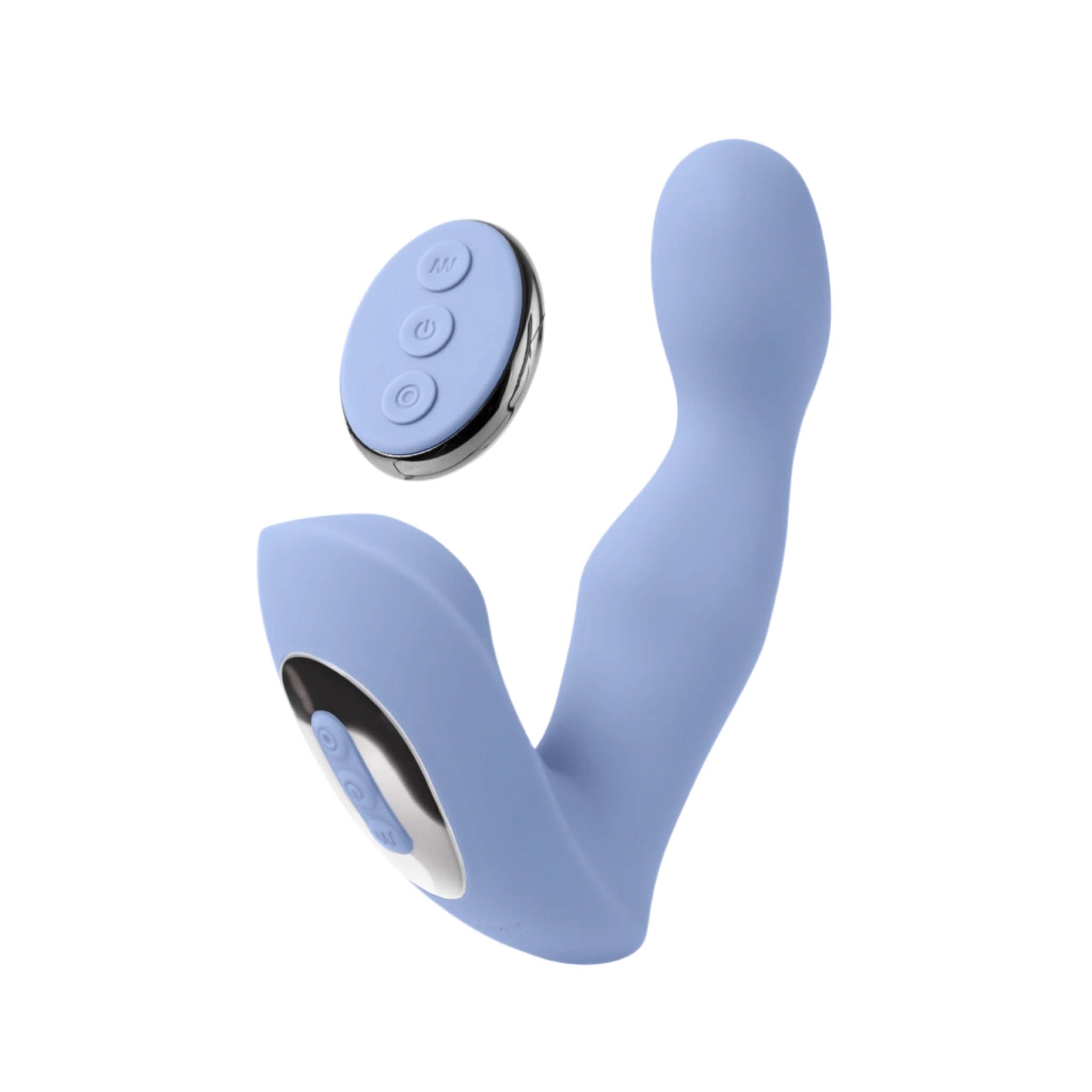 The JIMMYJANE® Pulsus™ is a light blue silicone P-spot vibrator with a curved design for targeted prostate stimulation and comes with a matching remote, shown on a white background.