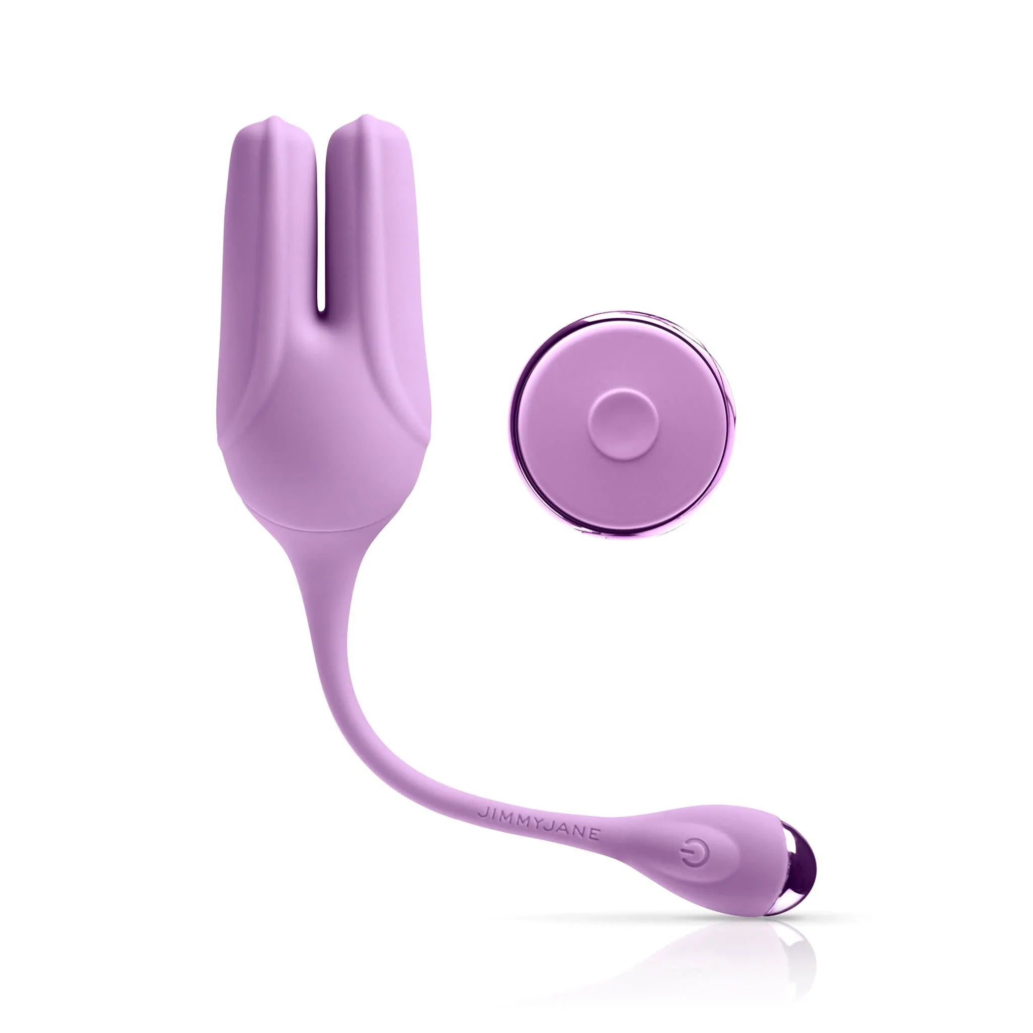The JIMMYJANE® Form 2® Kegel Trainer is a purple silicone wearable vibrator with dual motors and a split tip, designed to strengthen pelvic floor muscles, and includes a matching round wireless remote control.