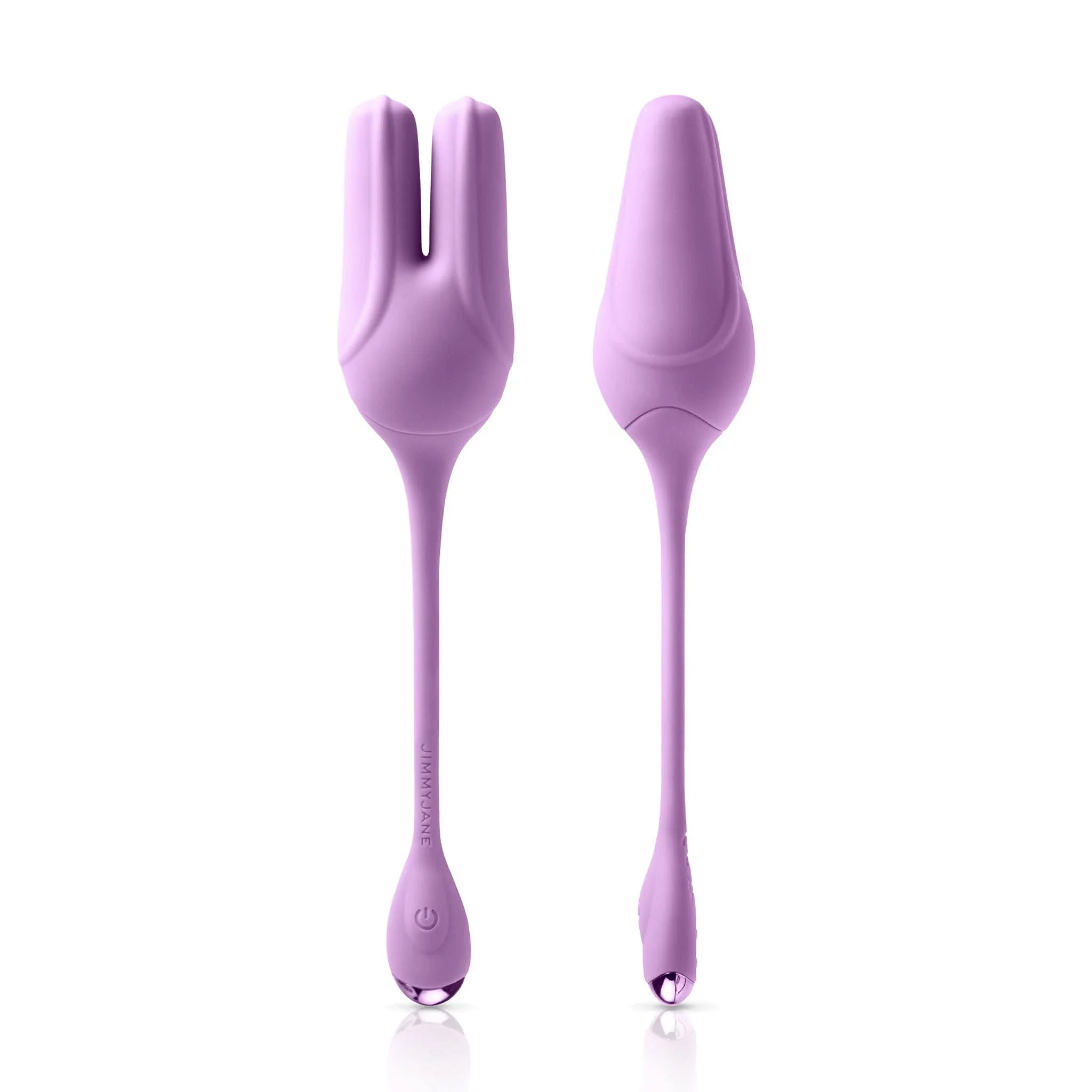 The JIMMYJANE® Form 2® Kegel Trainer includes two purple silicone massagers with long handles—one with a split tip and one with a flat, tapered tip—to help strengthen pelvic floor muscles.