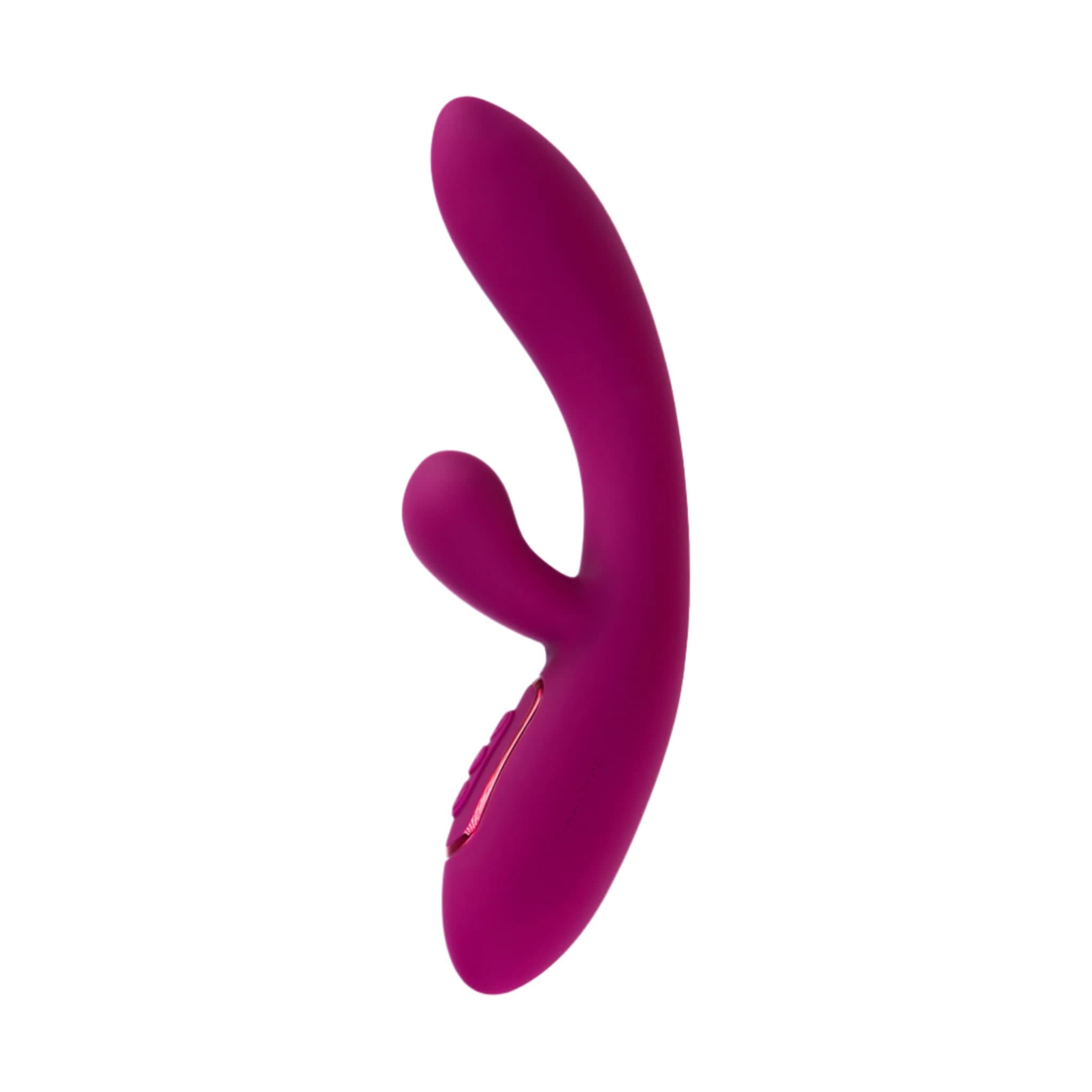 The Solis™ by JIMMYJANE® is a purple dual-ended silicone rabbit vibrator with a curved design and stereophonic vibrations, displayed on a white background.