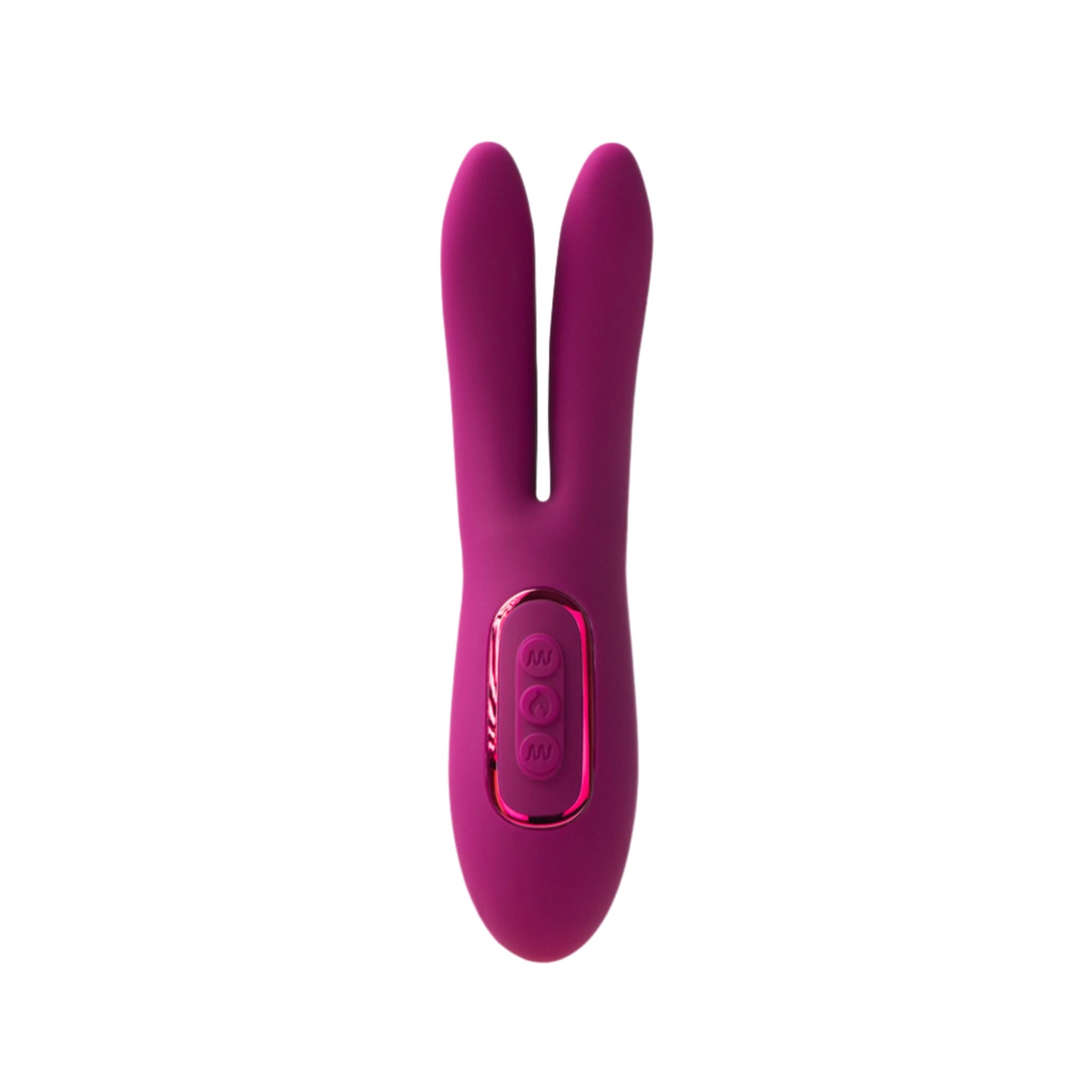 The JIMMYJANE® Solis™ Ascend 2® Pro is a purple silicone vibrator with flexible dual ear design and control buttons, providing intense stimulation. It is shown isolated on a white background.