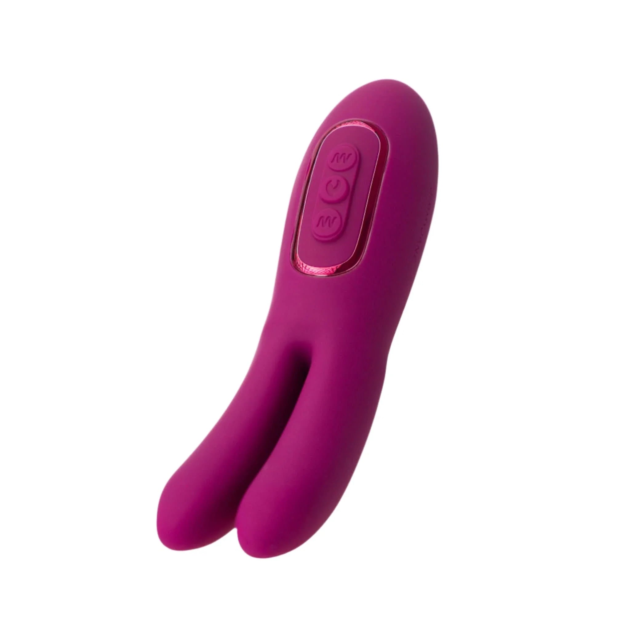 The JIMMYJANE® Solis™ Ascend 2® Pro is a purple silicone vibrator with a flexible dual ear design, three control buttons, and two prongs for intense stimulation, shown isolated on a white background.