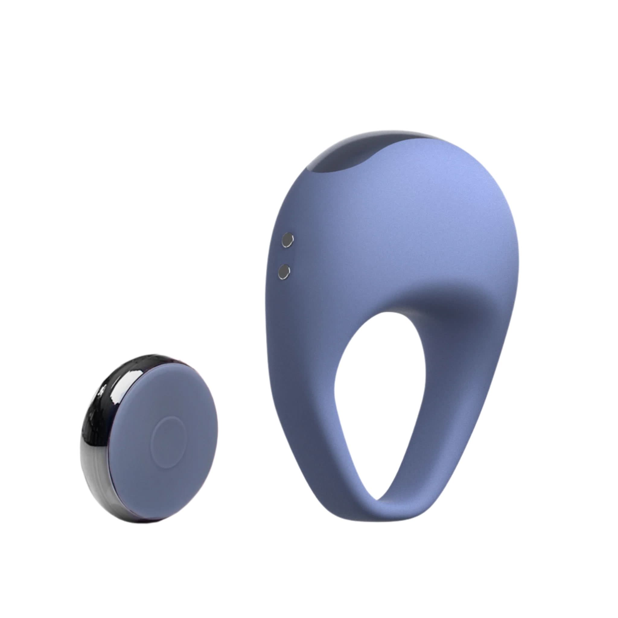 The JIMMYJANE® Kore™ with Remote is a blue silicone vibrating c-ring for clitoral and shaft stimulation, paired with a small black remote control, shown on a white background.