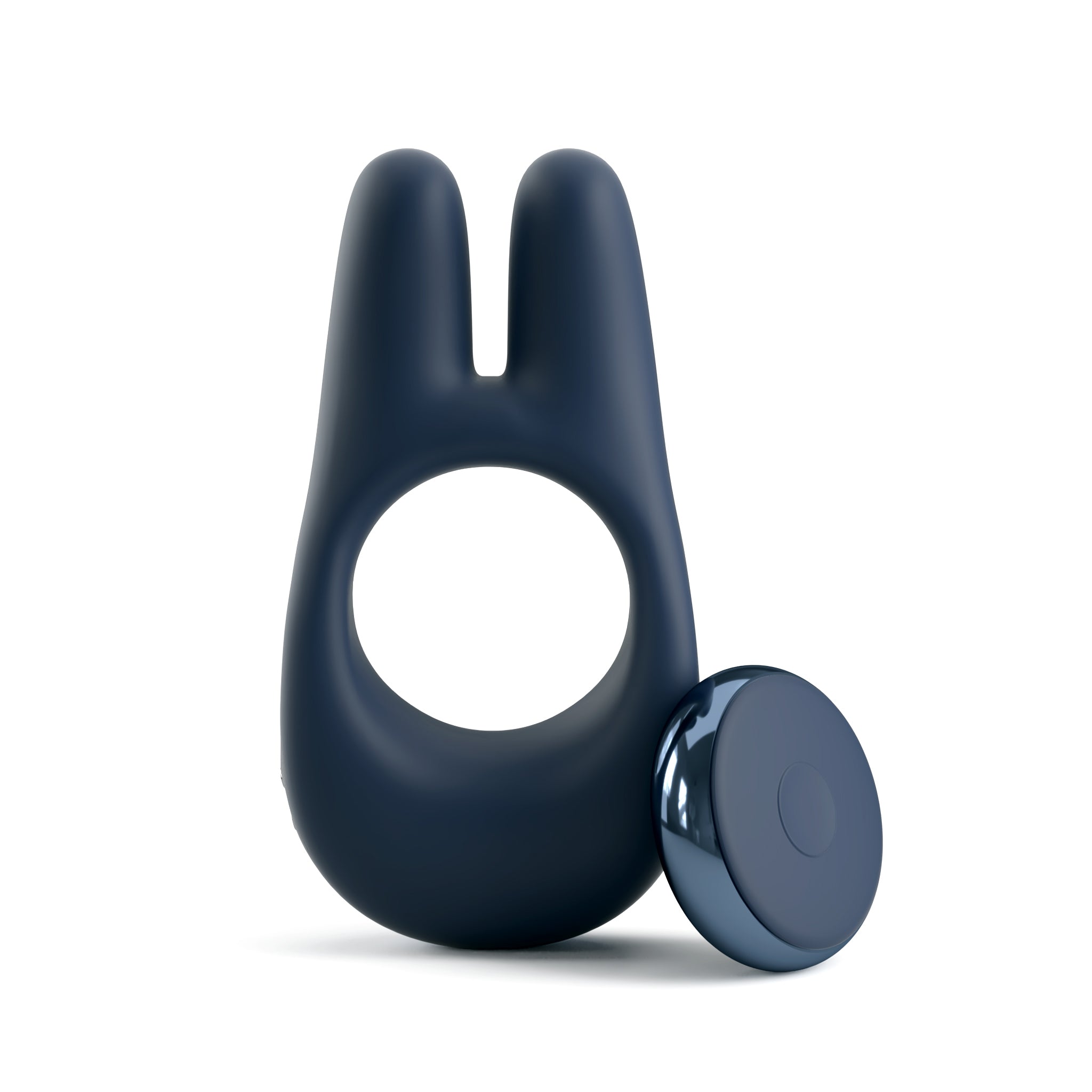 The JIMMYJANE® Deimos™ with Remote is a navy blue silicone c-ring featuring dual clitoral-stimulating prongs and a round remote—ideal for couples’ play.