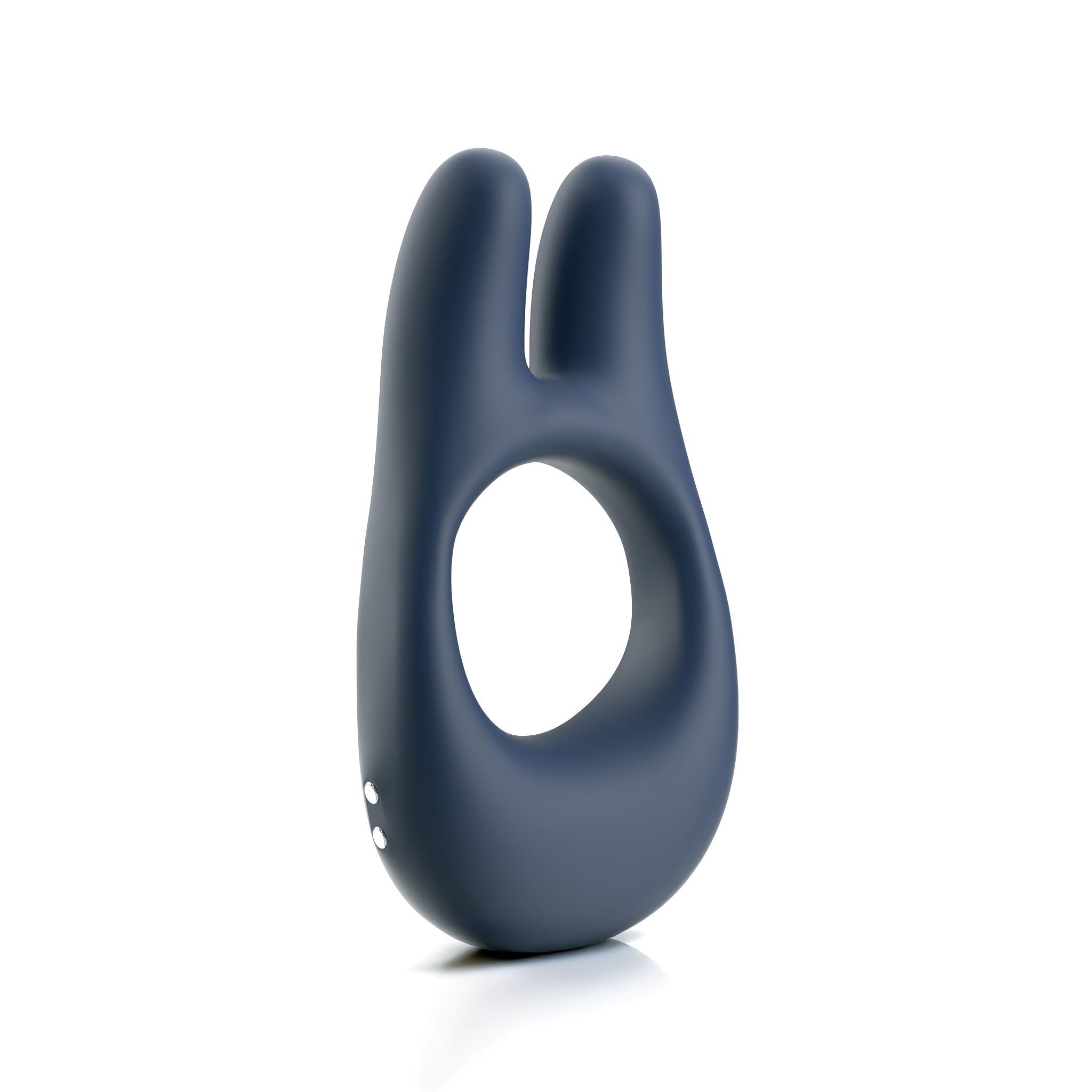 The JIMMYJANE® Deimos™ with Remote is a dark blue vibrating silicone c-ring featuring two bunny ear-shaped extensions for clitoral stimulation, shown against a white background.
