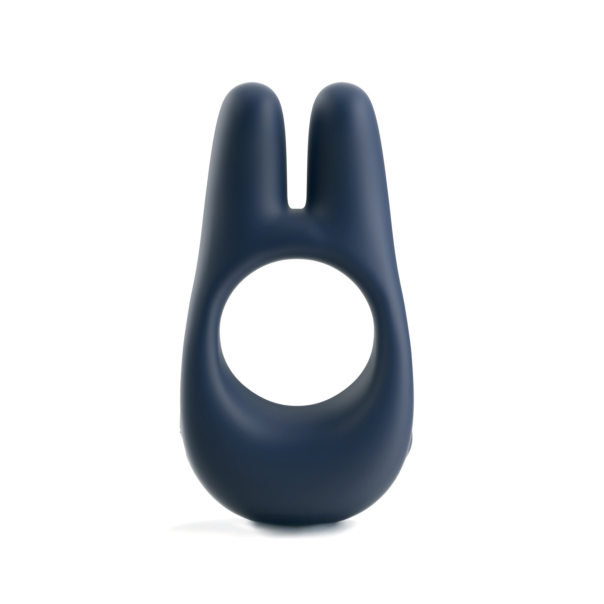 The JIMMYJANE® Deimos™ with Remote is a dark blue vibrating silicone c-ring featuring two rounded bunny ear-like extensions for enhanced clitoral stimulation, shown on a white background.