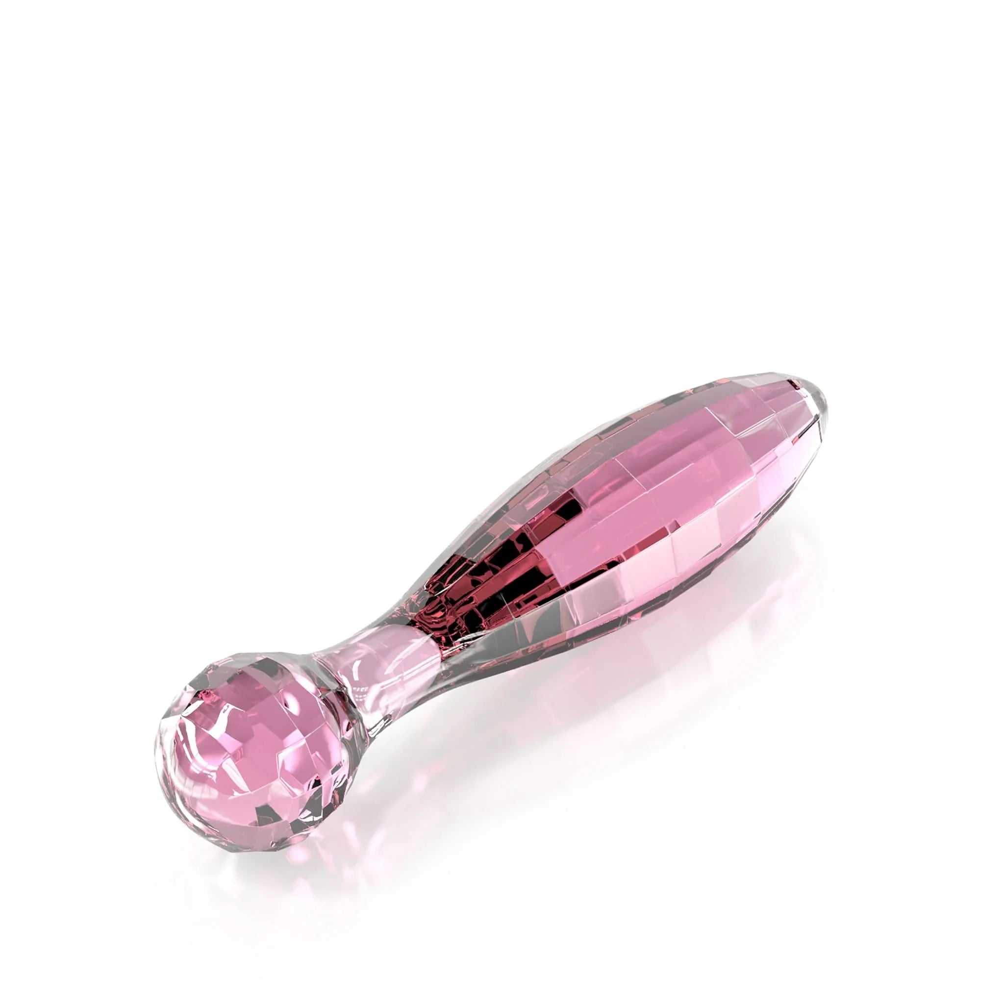 The JIMMYJANE® Vetro 6-inch, a pink faceted borosilicate glass dildo with a rounded base and elongated tapered body, is shown on a white background.