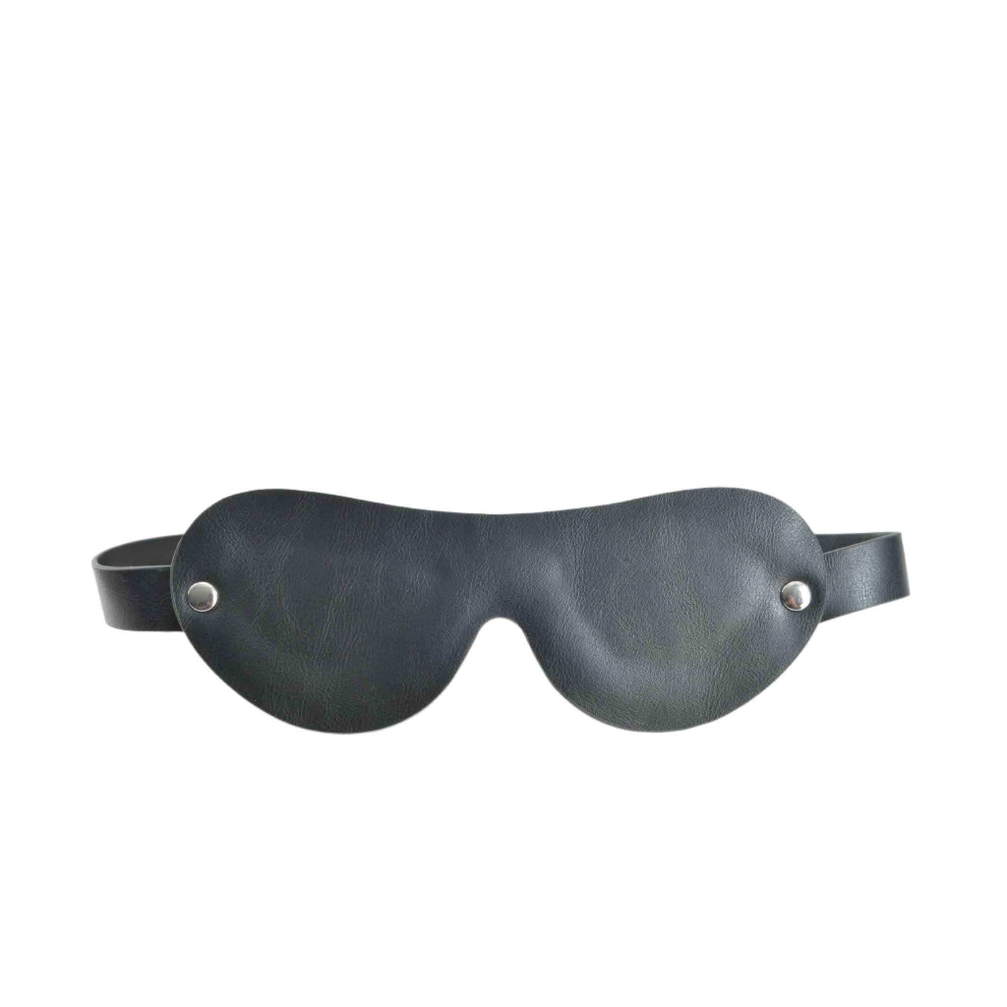 The JIMMYJANE® Bondage Mask is a black vegan leather eye mask with a strap and metal studs on each side, ideal for couples’ play.