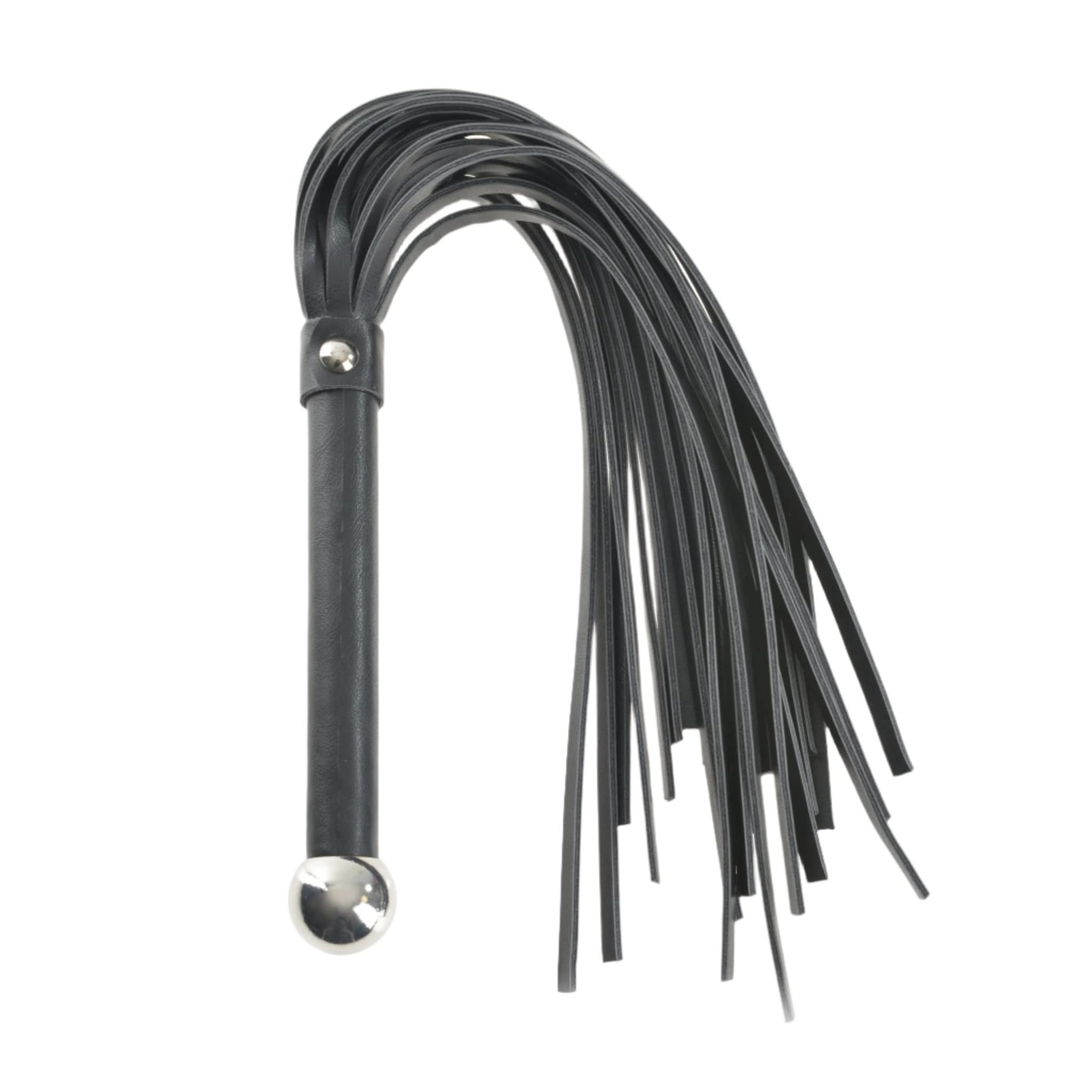 The JIMMYJANE® Bondage Whip features black vegan leather tails and a silver metal handle tip—an elegant, cruelty-free addition to your BDSM collection.