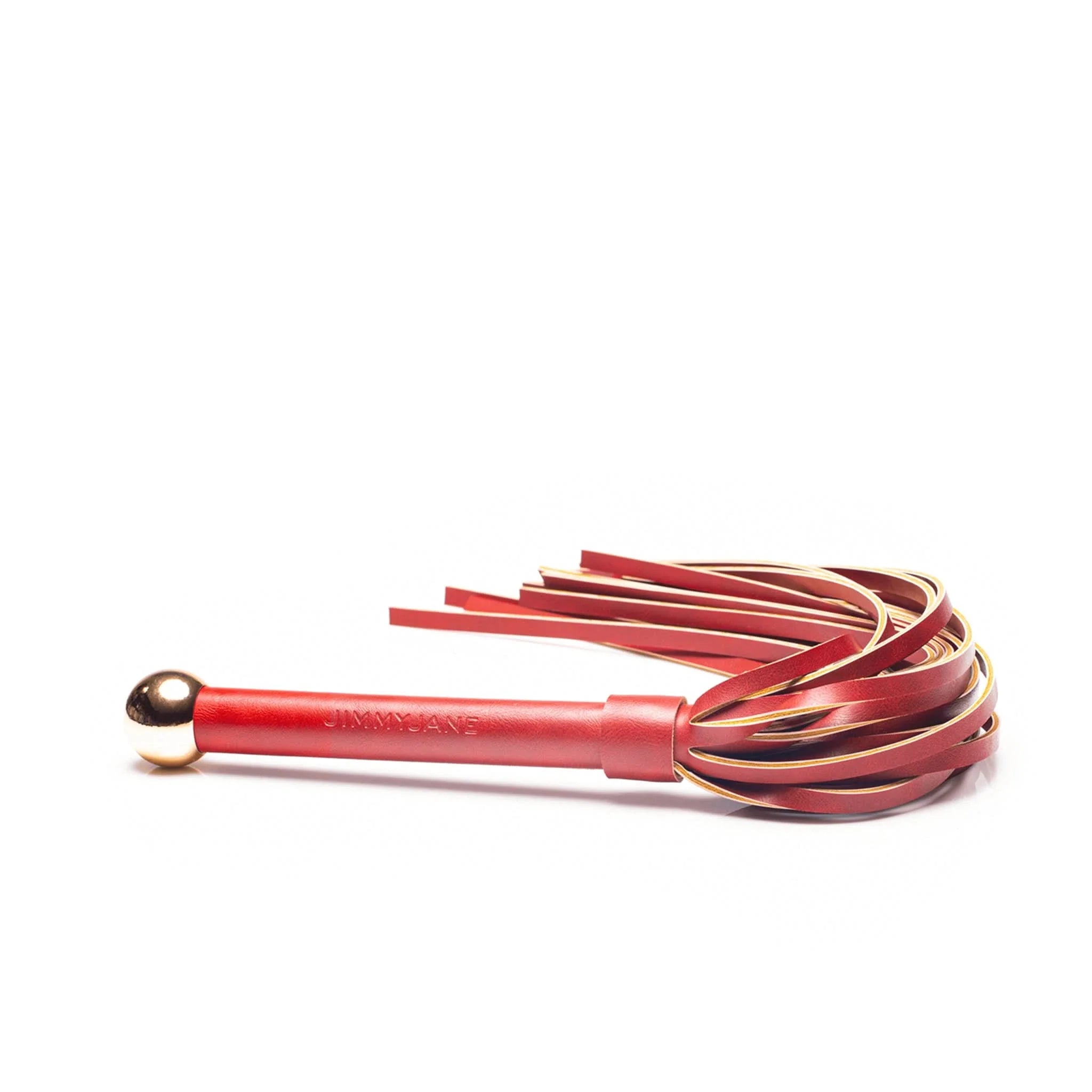 The JIMMYJANE® 4-Piece Bondage Set features a red and gold vegan leather flogger with a gold-tipped handle, ideal for couples play, shown on a white background.