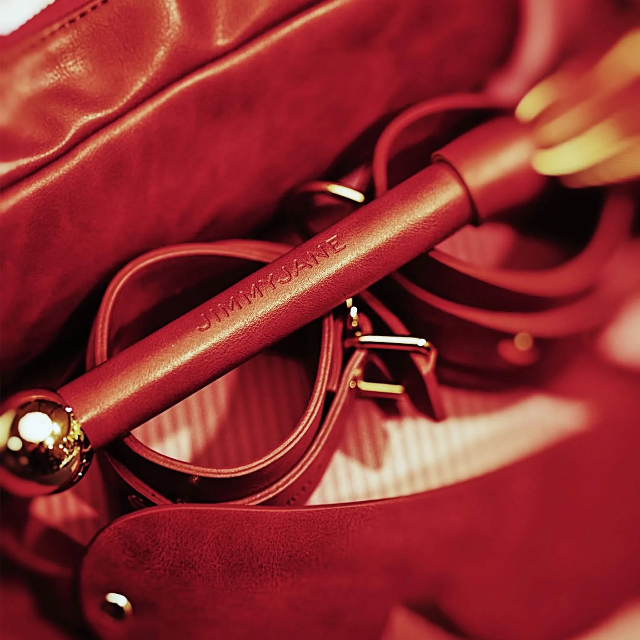 A close-up of the JIMMYJANE® 4-Piece Bondage Sets vegan leather strap and handle, engraved with JIMMYJANE and accented with gold and red—ideal for couples play.