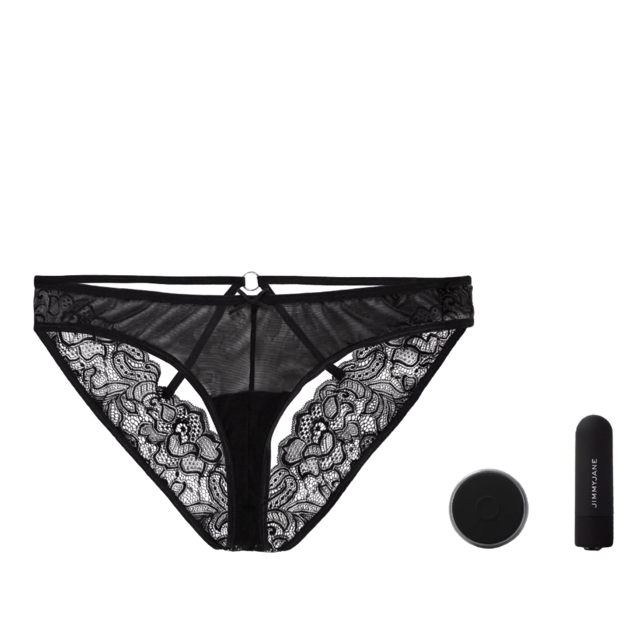The JIMMYJANE® Starla Black Bullet Vibrator and Calista™ Vibrating Panties Bundle features black lace, a cutout design, and a remote control for discreet pleasure.