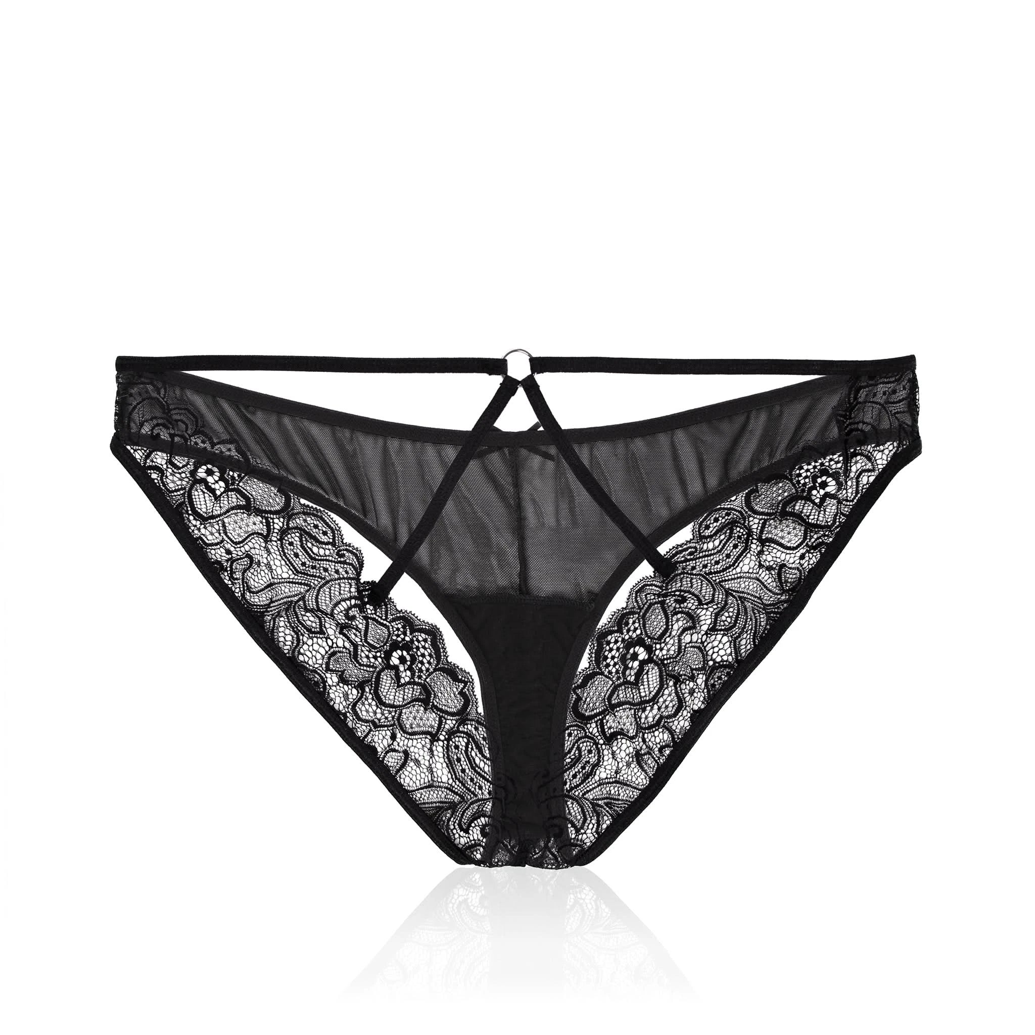 The Starla Black Bullet Vibrator and Calista™ Vibrating Panties Bundle by JIMMYJANE® features black lace panties with sheer mesh panels and strappy details, shown on a white background.