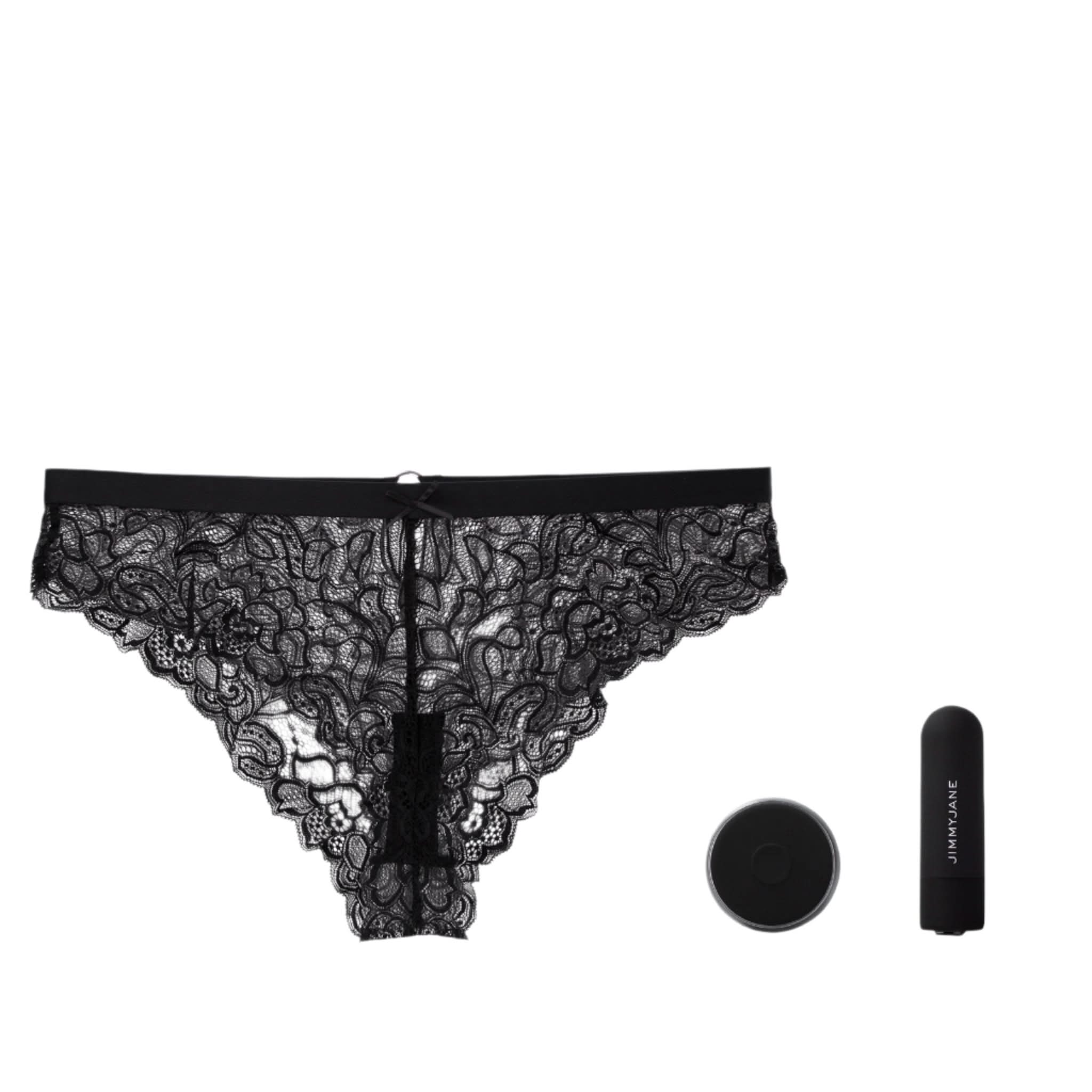 The JIMMYJANE® Starla Black Bullet Vibrator and Tyro™ Vibrating Panties Bundle features sheer black lace panties and a discreet bullet vibrator—perfect for remote-controlled vibrating panty experiences.