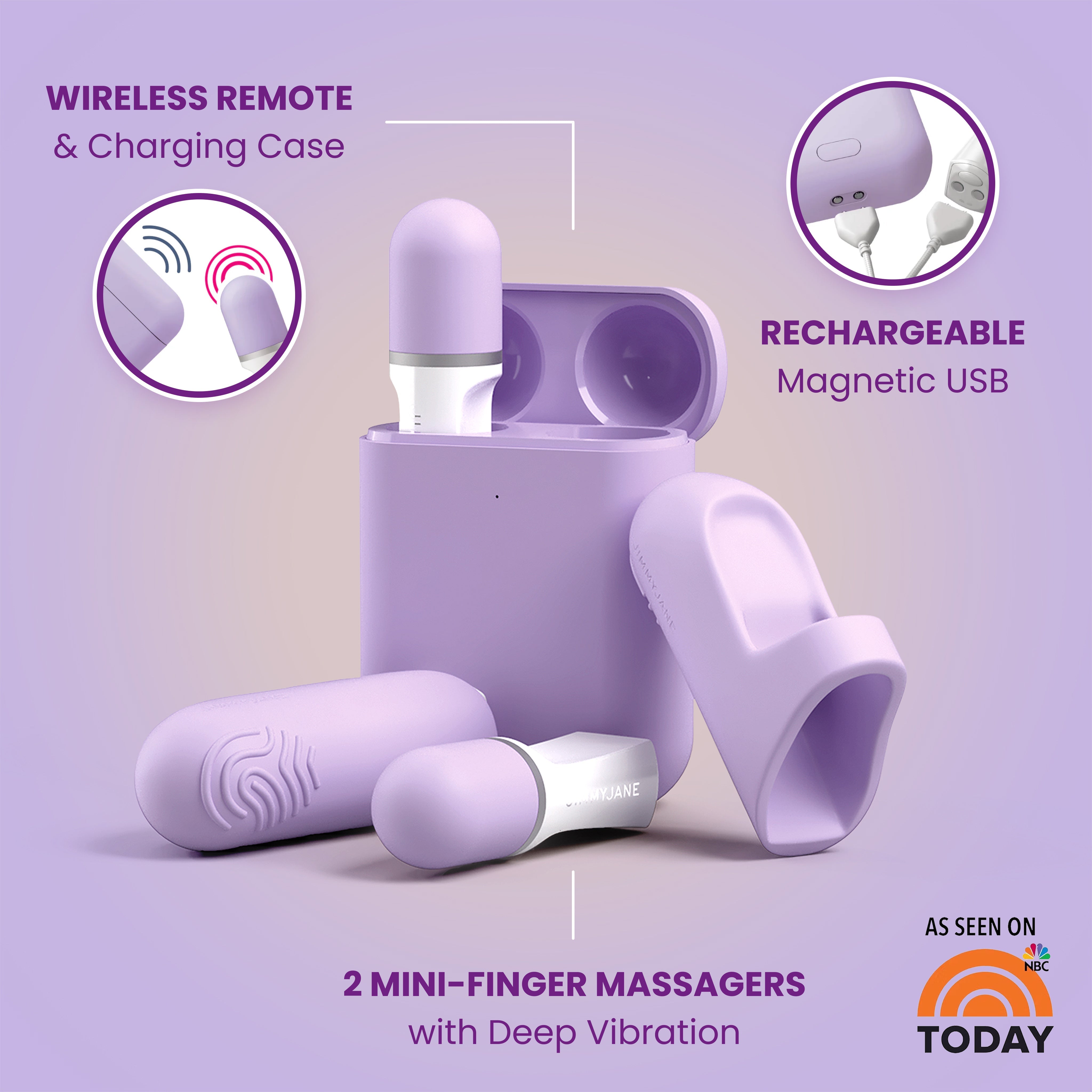 Two Hello Touch® Pro purple finger vibrators by JIMMYJANE®, featuring an ergonomic design, rechargeable travel case, remote, and USB cable, are displayed on a lavender background.